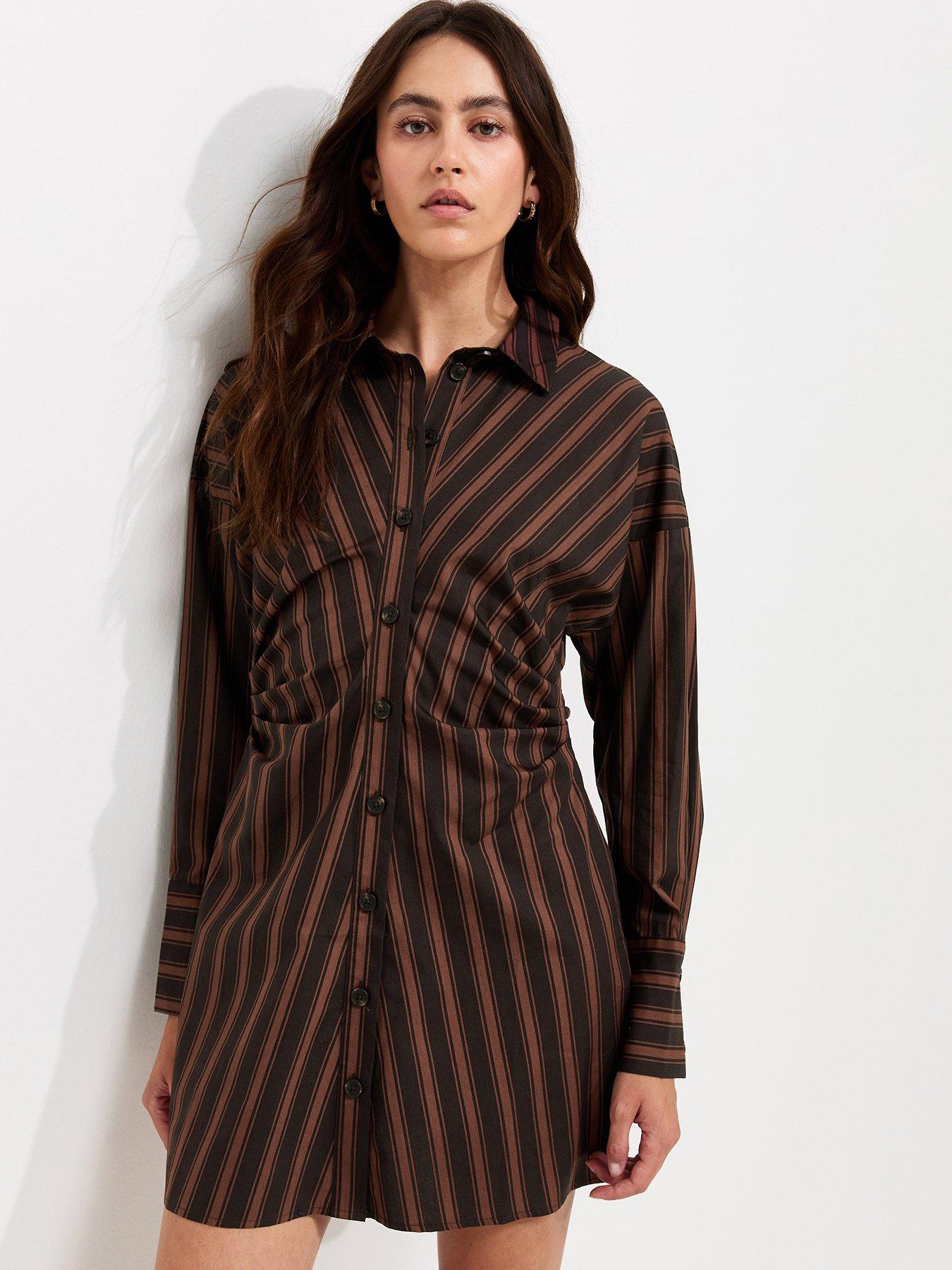New Look Cotton Striped Mini Shirt Dress - Brown
