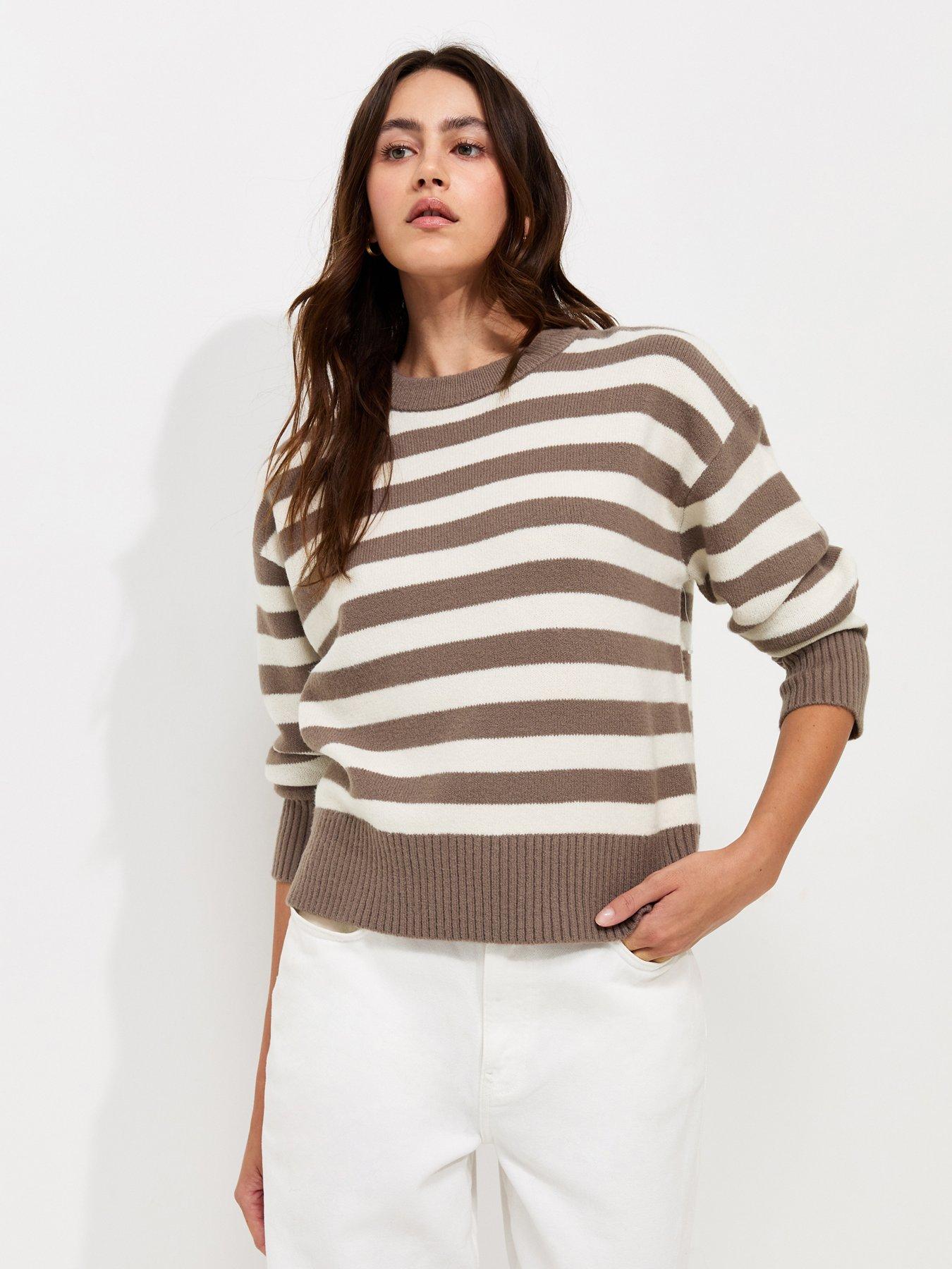 Image 1 of 6 of New Look Knitted Narrow Stripe Jumper - Brown
