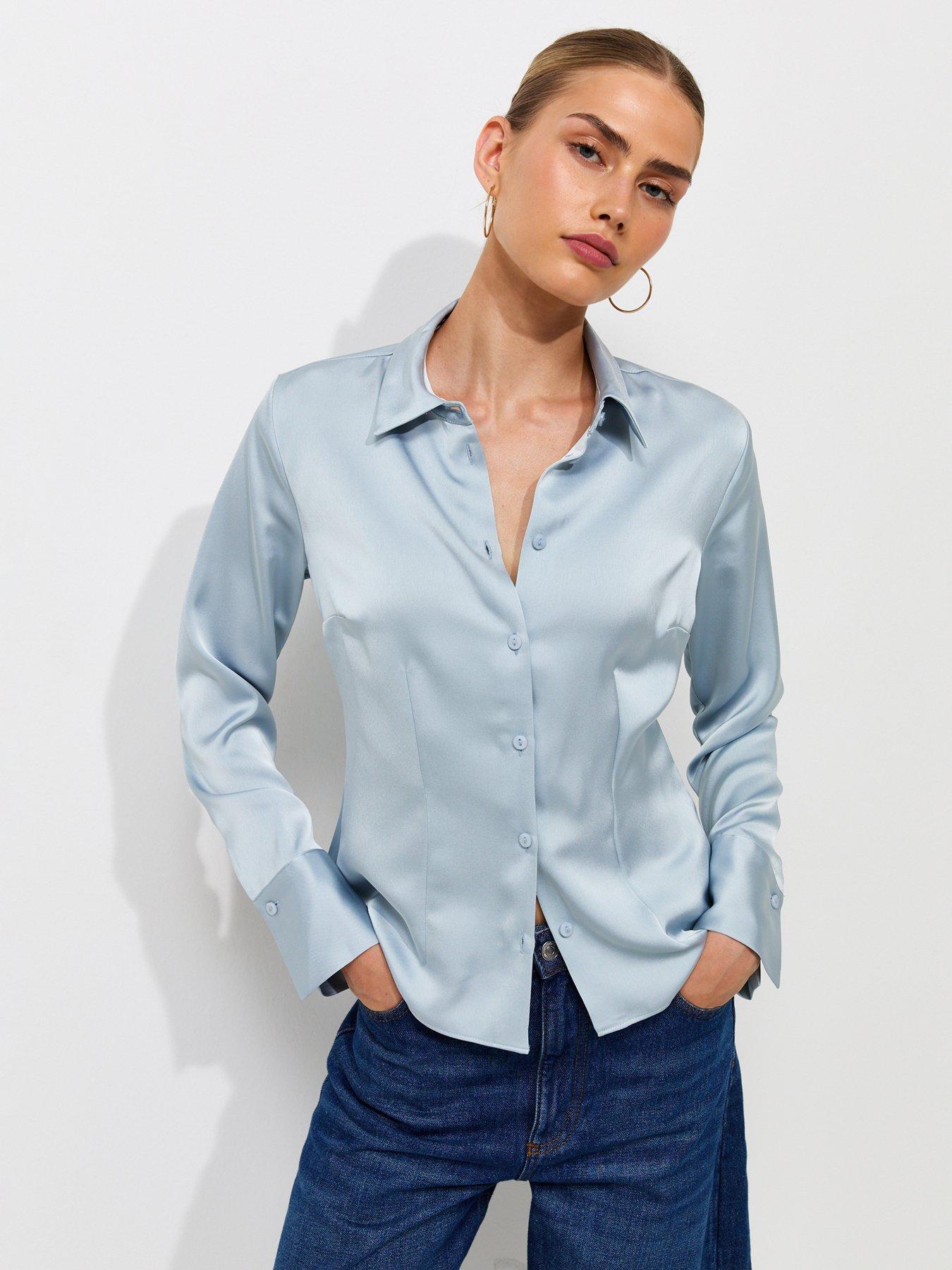 Image 1 of 5 of New Look Fitted Waist Satin Shirt - Blue