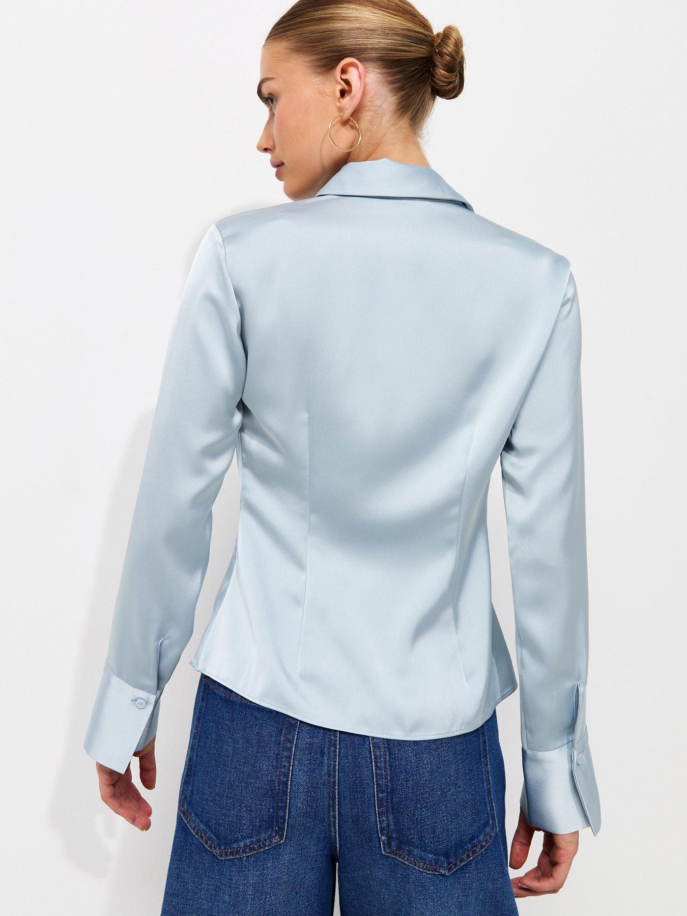 Image 2 of 5 of New Look Fitted Waist Satin Shirt - Blue