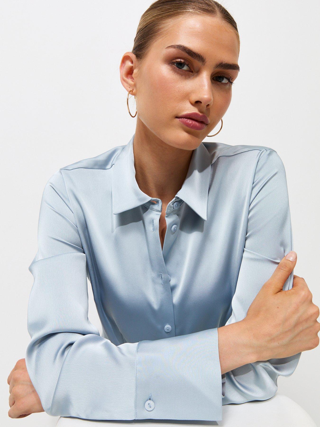 Image 4 of 5 of New Look Fitted Waist Satin Shirt - Blue