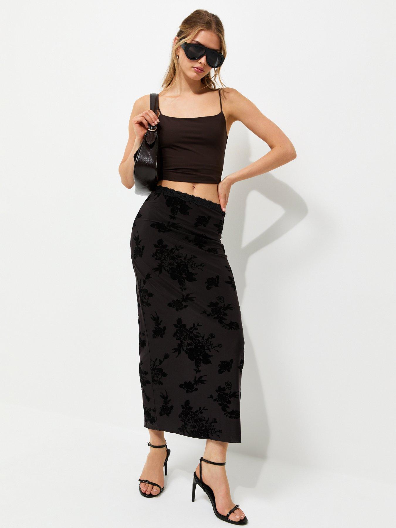 Image 1 of 5 of New Look Floral Flock Lace Mesh Midi Skirt - Black