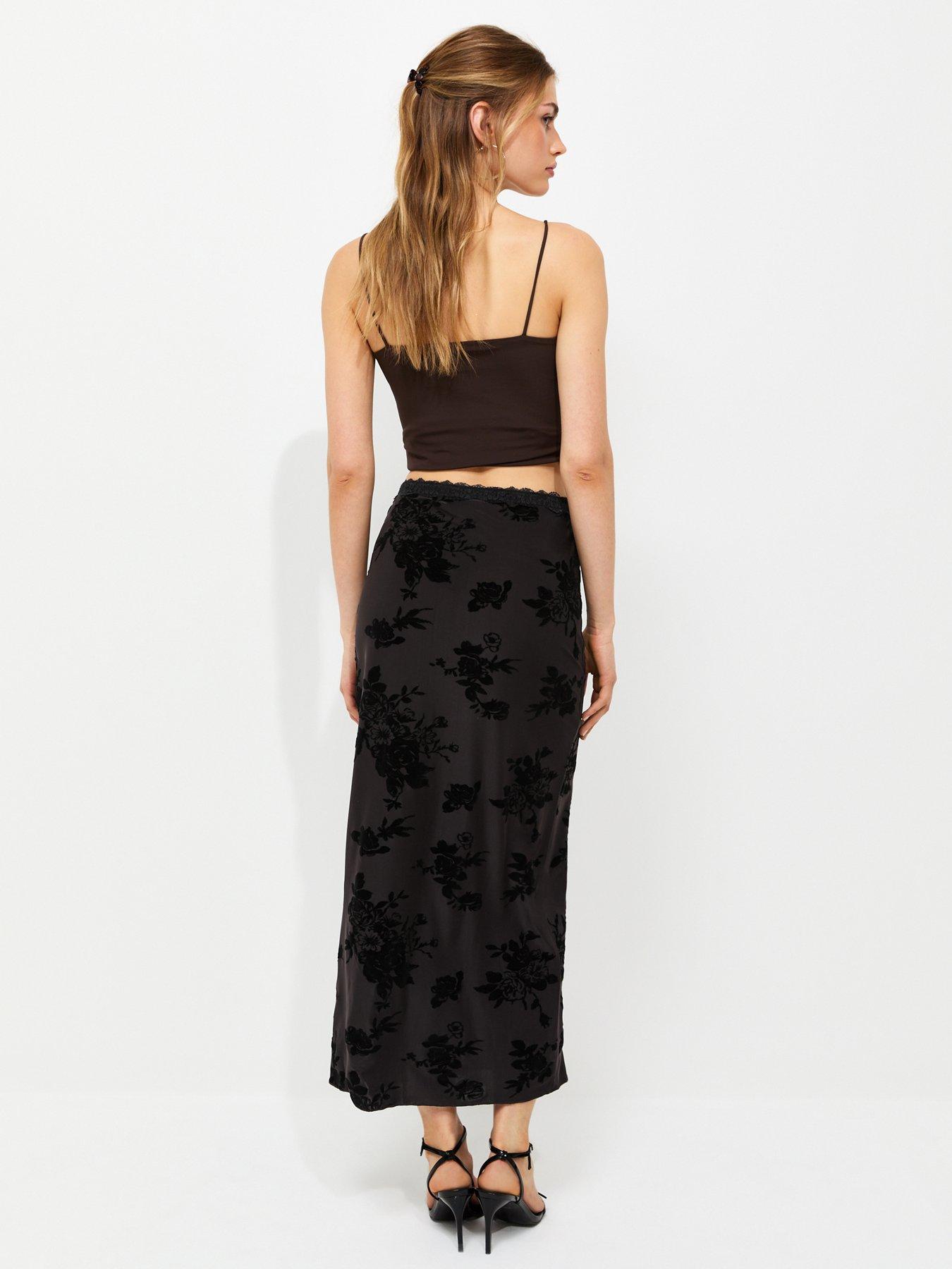 Image 2 of 5 of New Look Floral Flock Lace Mesh Midi Skirt - Black