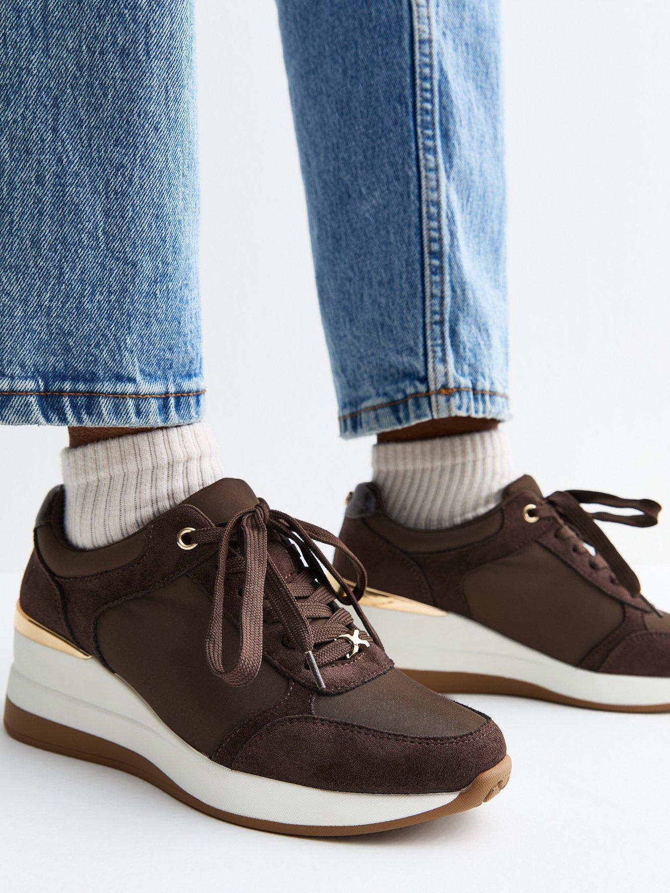 New Look Faux Suede Wedge Heel Lace Up Trainers - Dark Brown