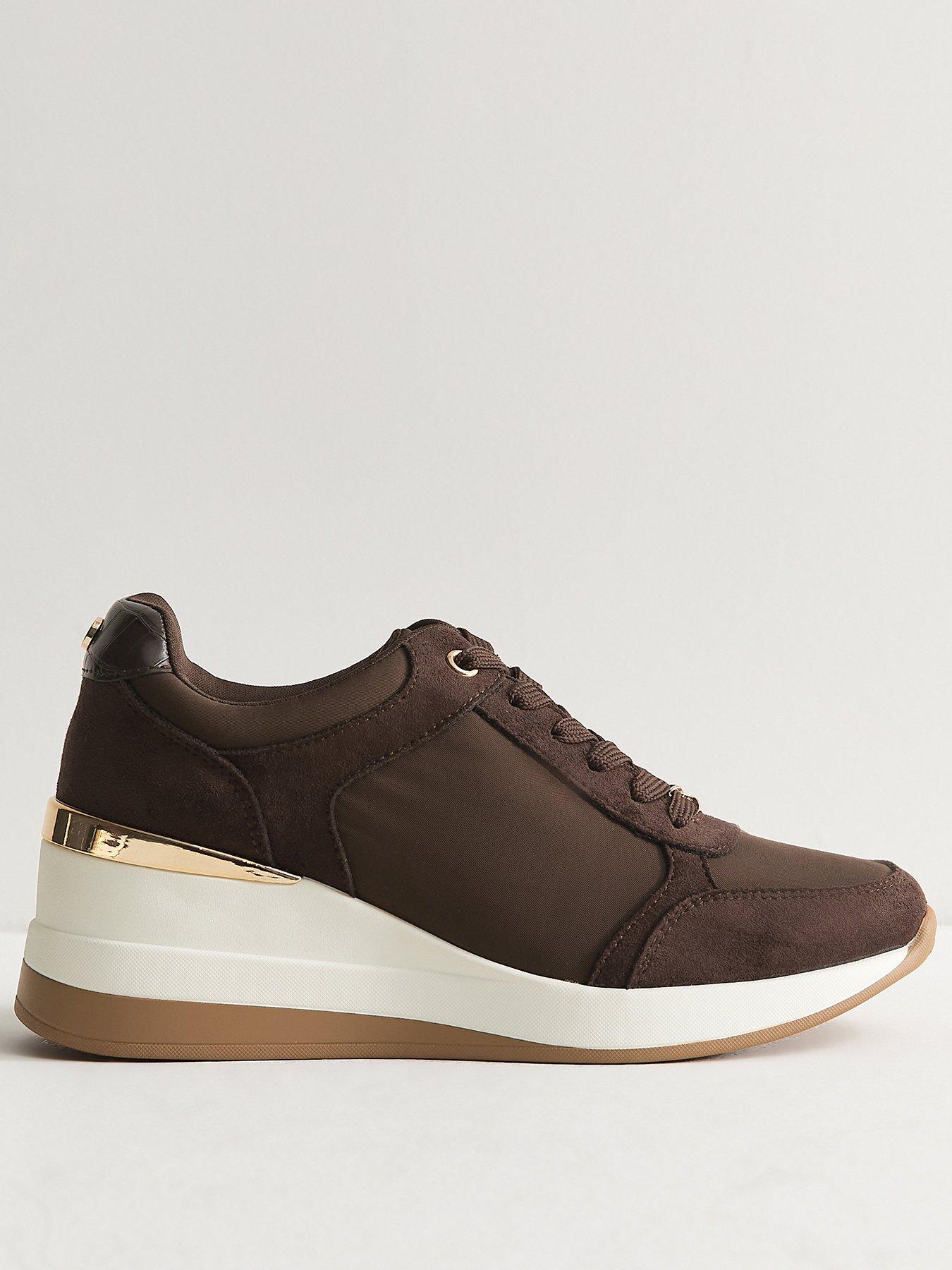 Image 2 of 5 of New Look Faux Suede Wedge Heel Lace Up Trainers - Dark Brown