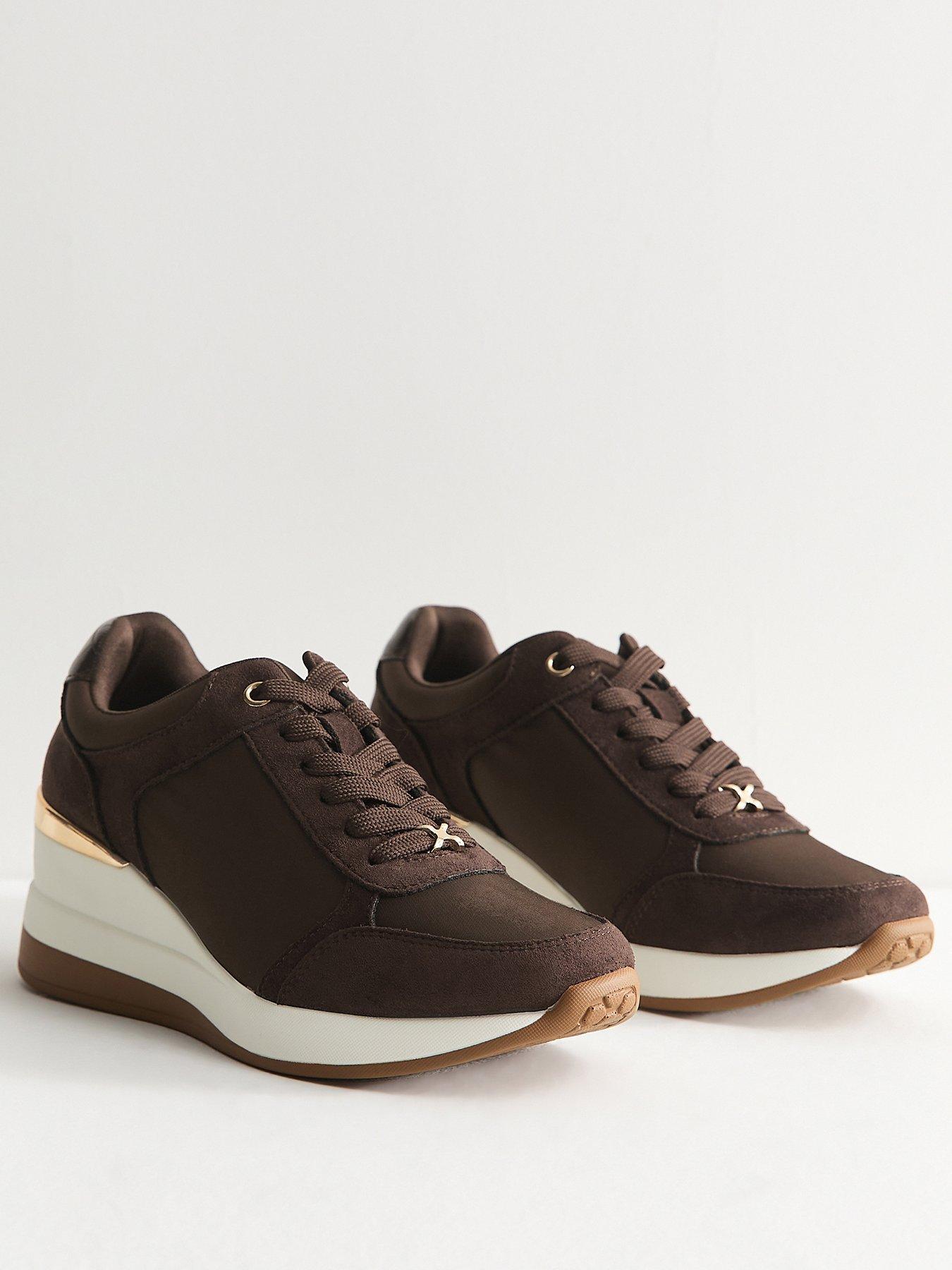 Image 3 of 5 of New Look Faux Suede Wedge Heel Lace Up Trainers - Dark Brown