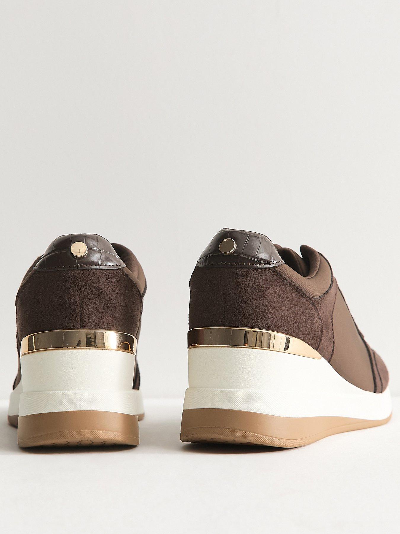Image 4 of 5 of New Look Faux Suede Wedge Heel Lace Up Trainers - Dark Brown