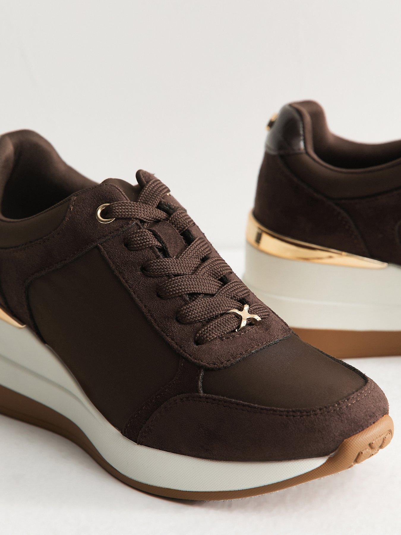 Image 5 of 5 of New Look Faux Suede Wedge Heel Lace Up Trainers - Dark Brown