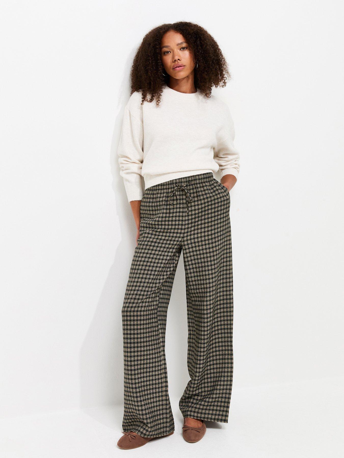 New Look Check Pattern Wide Leg Trousers - Brown