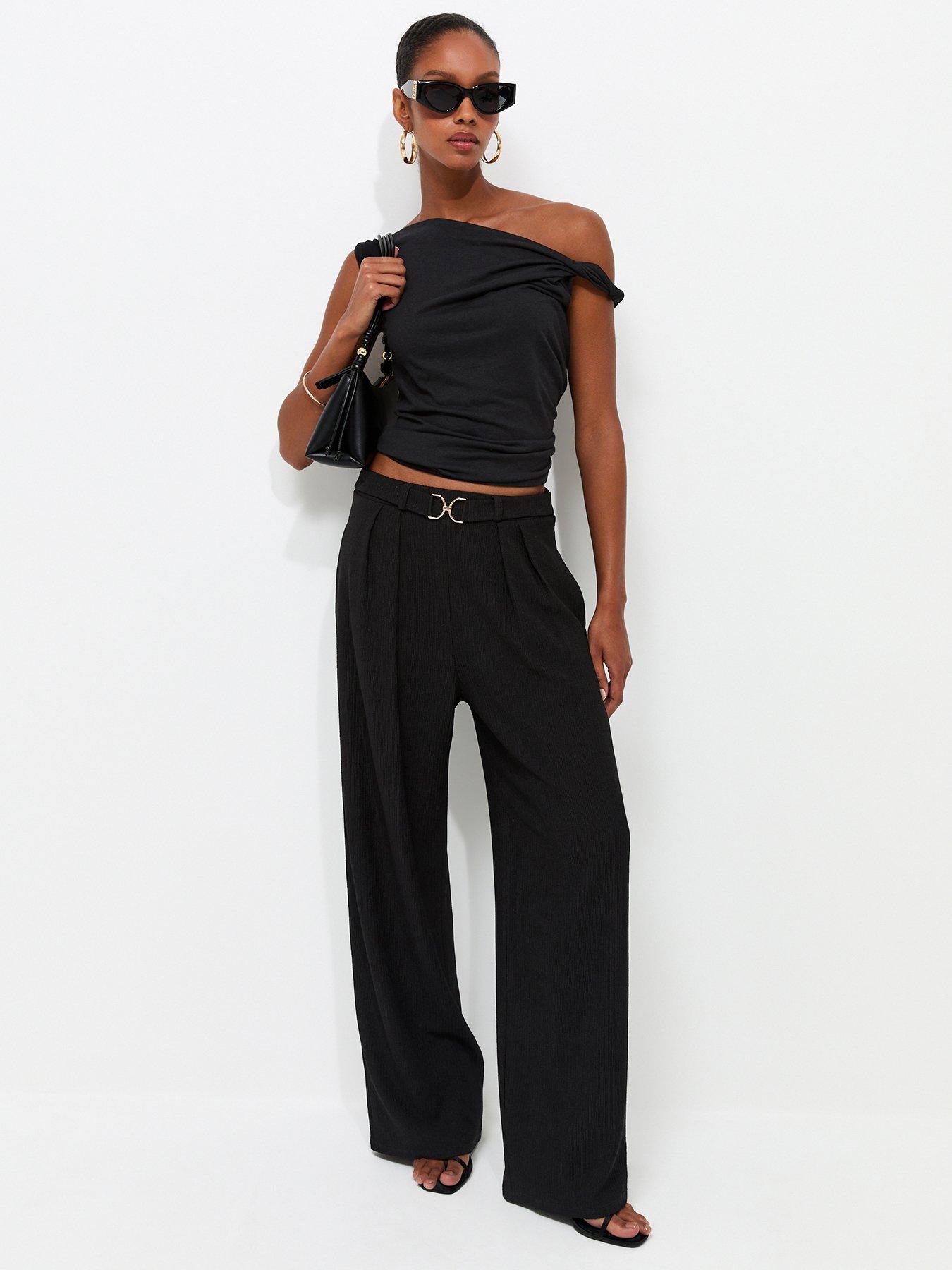 New Look Belt Detail Ribbed Crinkle Texture Wide Leg Trousers - Black