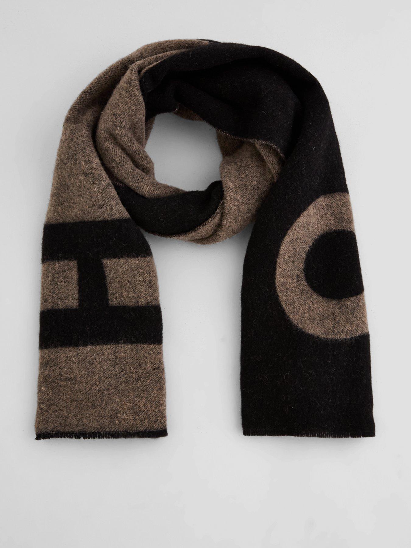 Image 1 of 4 of HUGO Mens Martyn Wool-Blend Two-Tone Logo Scarf - Brown