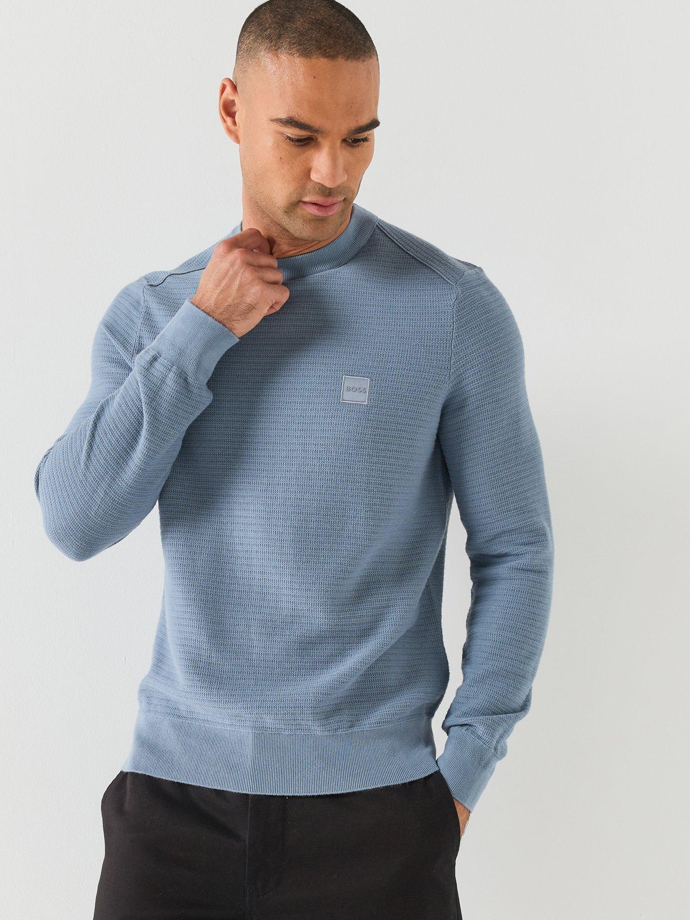 Image 1 of 6 of BOSS Mens Anion Cotton-Cashmere Textured Crew Neck Jumper - Blue