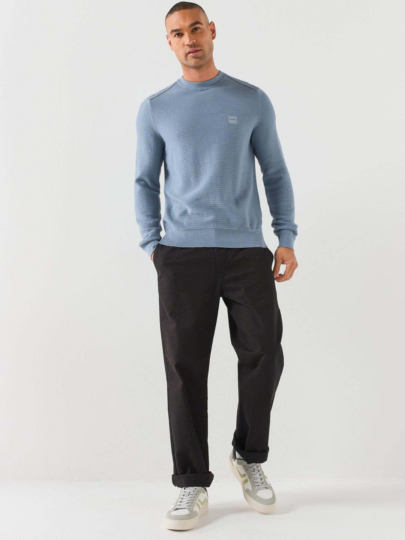 Image 3 of 6 of BOSS Mens Anion Cotton-Cashmere Textured Crew Neck Jumper - Blue