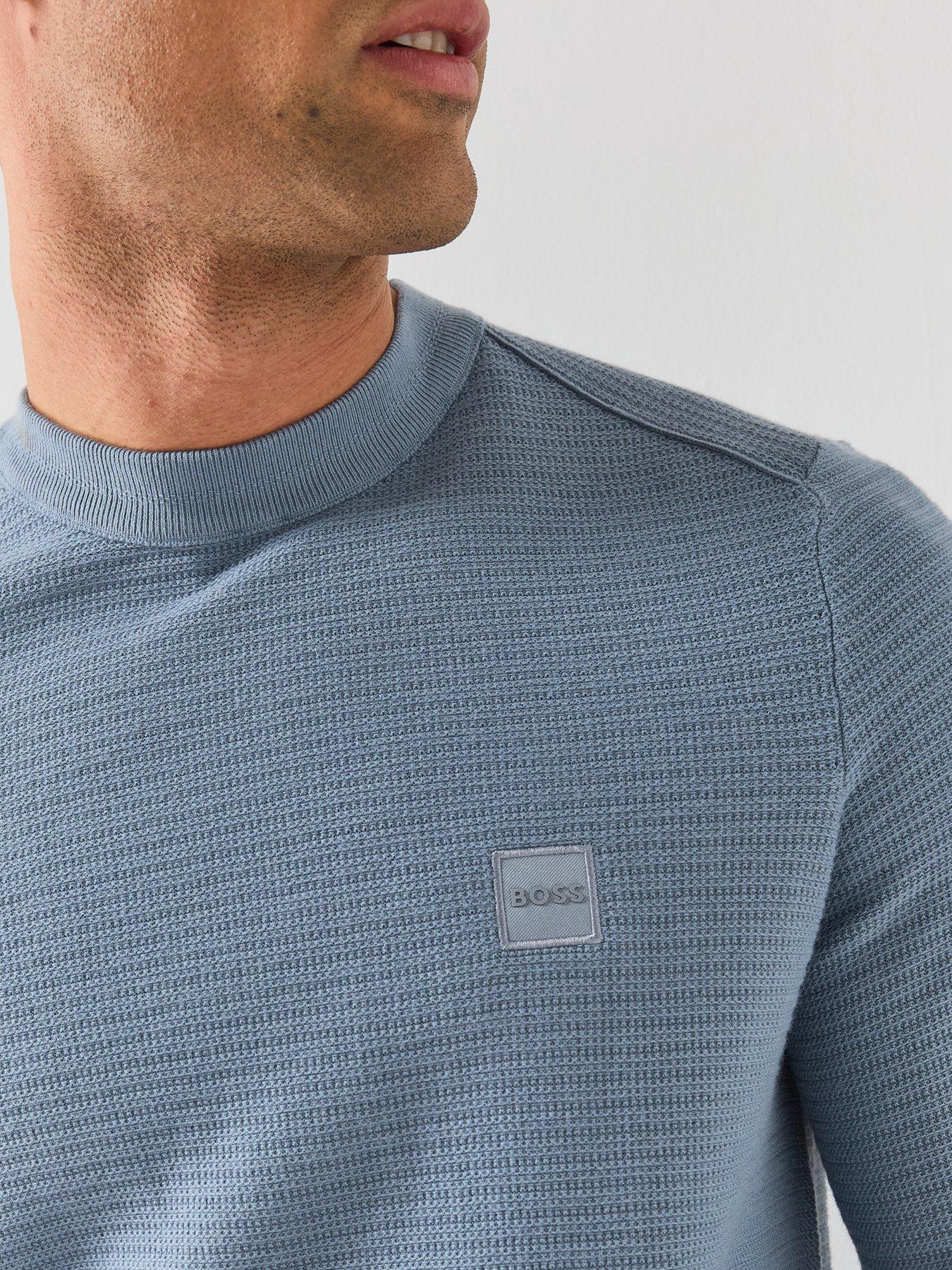 Image 4 of 6 of BOSS Mens Anion Cotton-Cashmere Textured Crew Neck Jumper - Blue