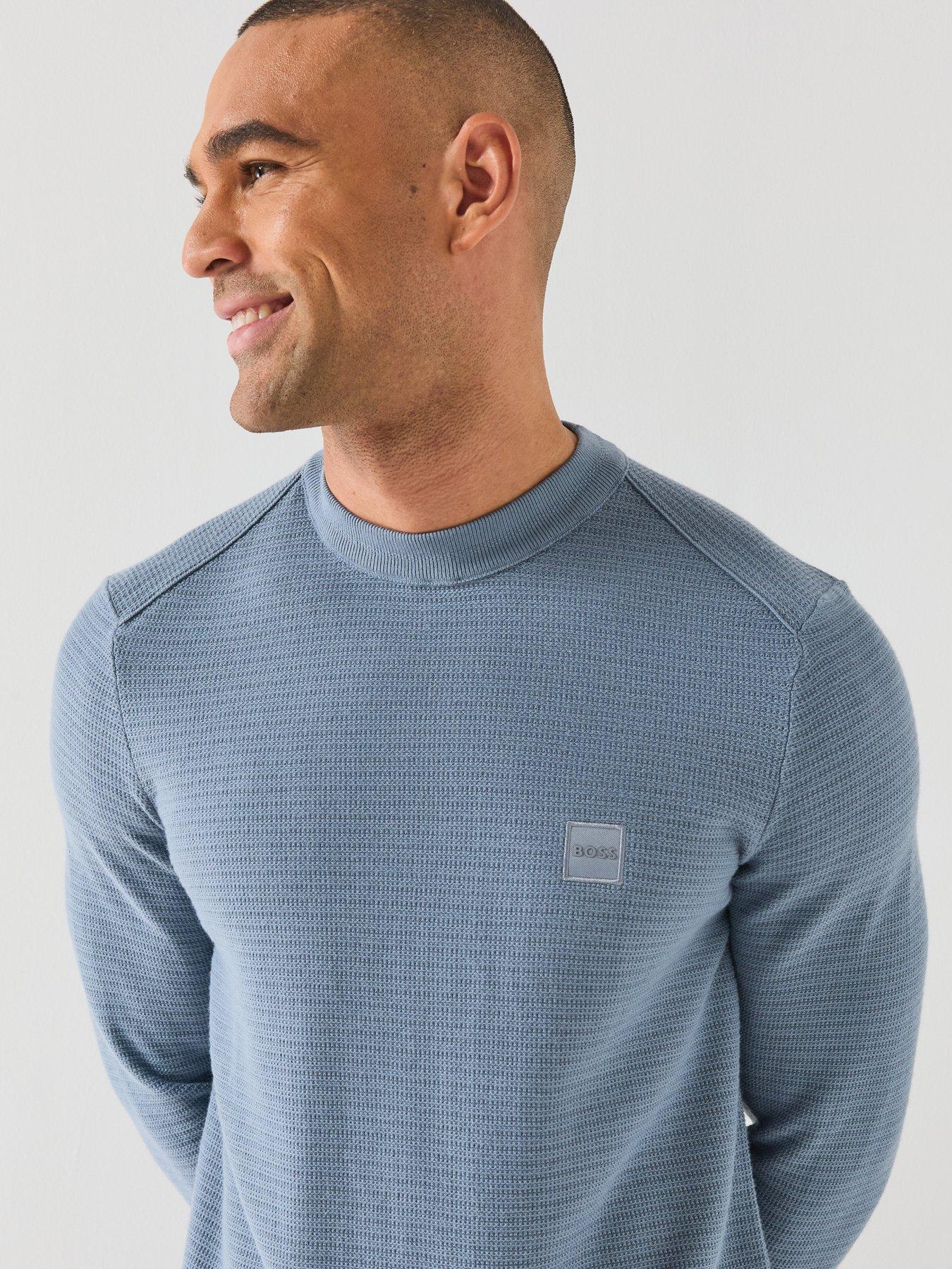 Image 5 of 6 of BOSS Mens Anion Cotton-Cashmere Textured Crew Neck Jumper - Blue