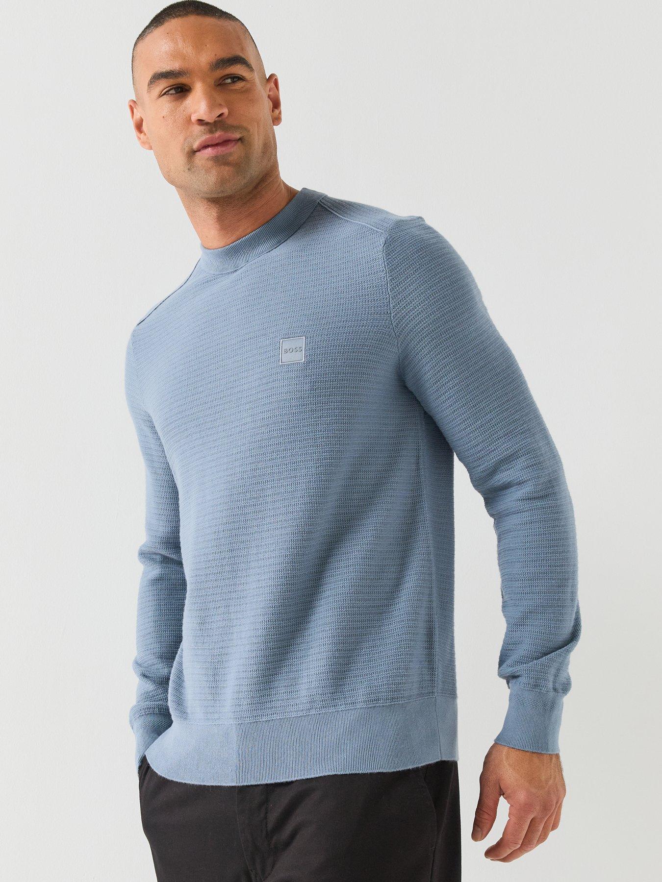 Image 6 of 6 of BOSS Mens Anion Cotton-Cashmere Textured Crew Neck Jumper - Blue