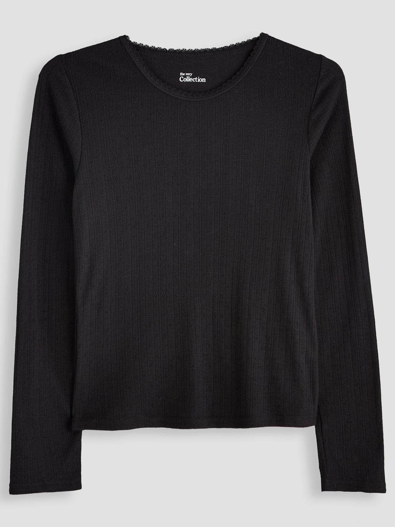 Image 1 of 5 of The Very Collection Girls Thermal Pointelle Scallop Neck Top - Black