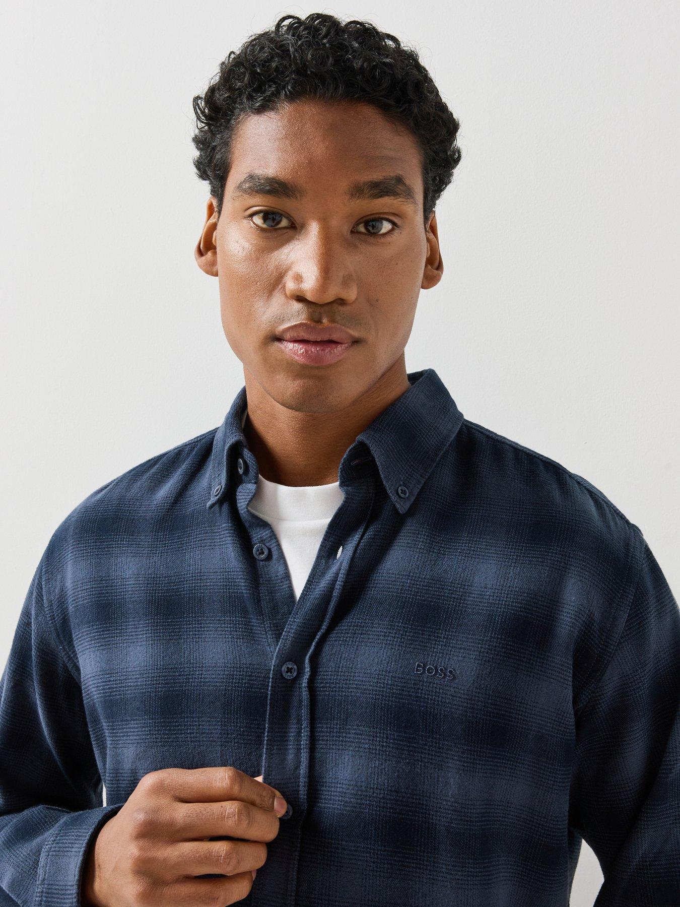 Image 4 of 5 of BOSS Mens Rickert Check Regular Fit Oxford Shirt - Navy