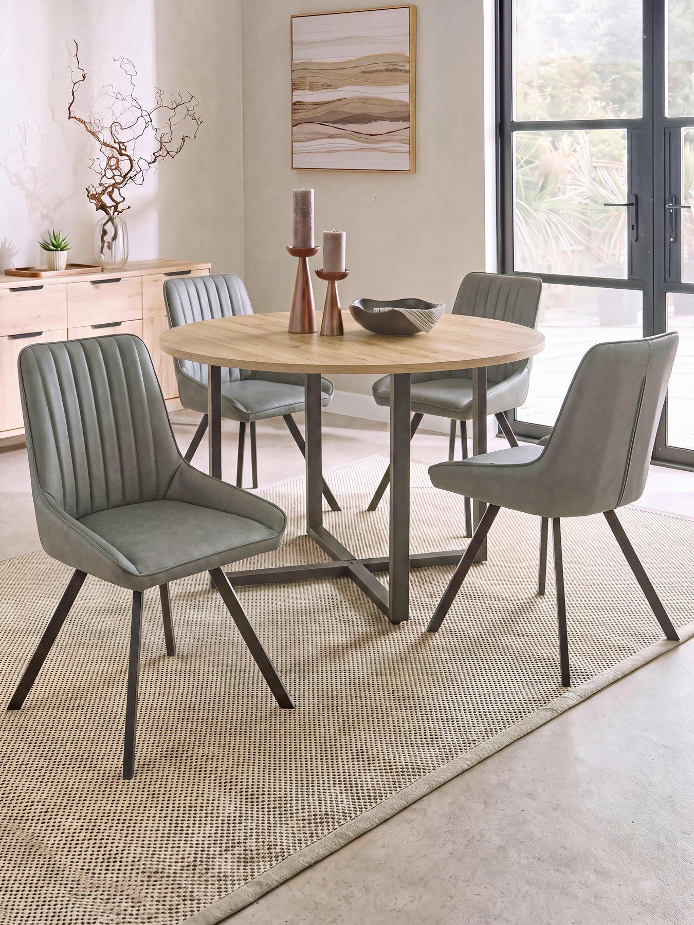 The Very Collection Harlem Light Oak Round Dining Table With 4 Marlow Faux Leather Grey Chairs - FSC® Certified