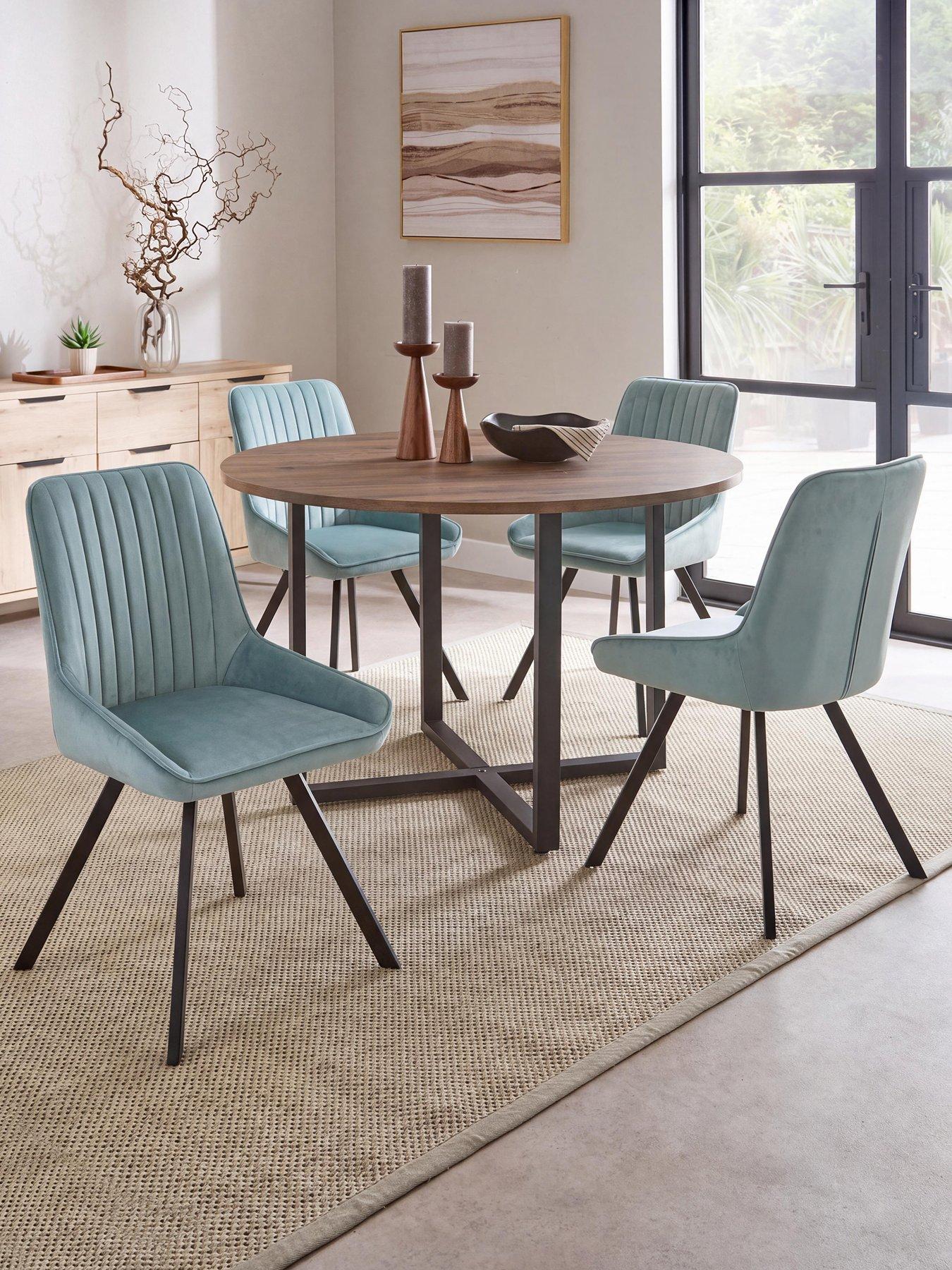 The Very Collection Harlem Mid Oak Round Dining Table With 4 Marlow Dusty Blue Chairs - FSC® Certified