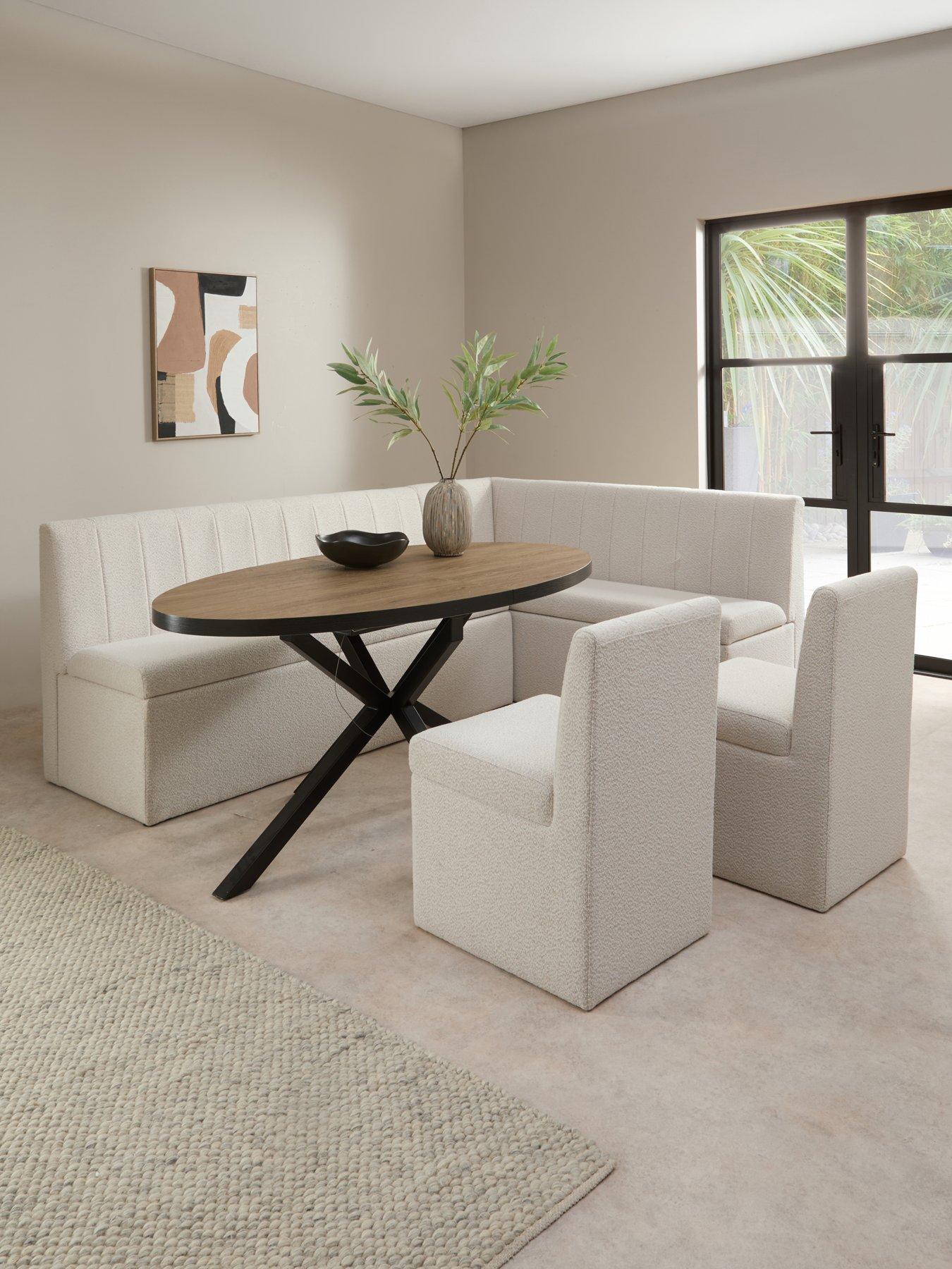 The Very Collection Sander Corner Storage Booth In Boucle With Oslo Oval Extending Dining Table & 2 Sander Chairs