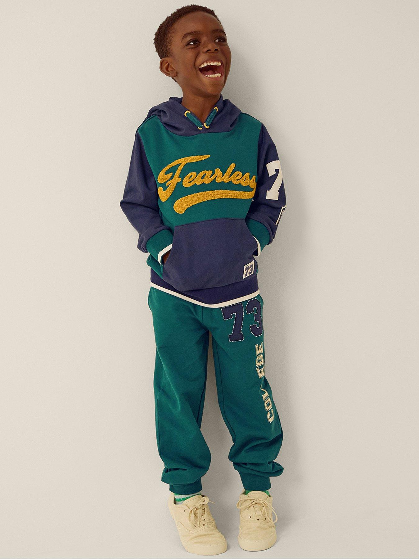 Monsoon Boys' Colourblock Hooded Sweatshirt with Fearless Slogan - Blue