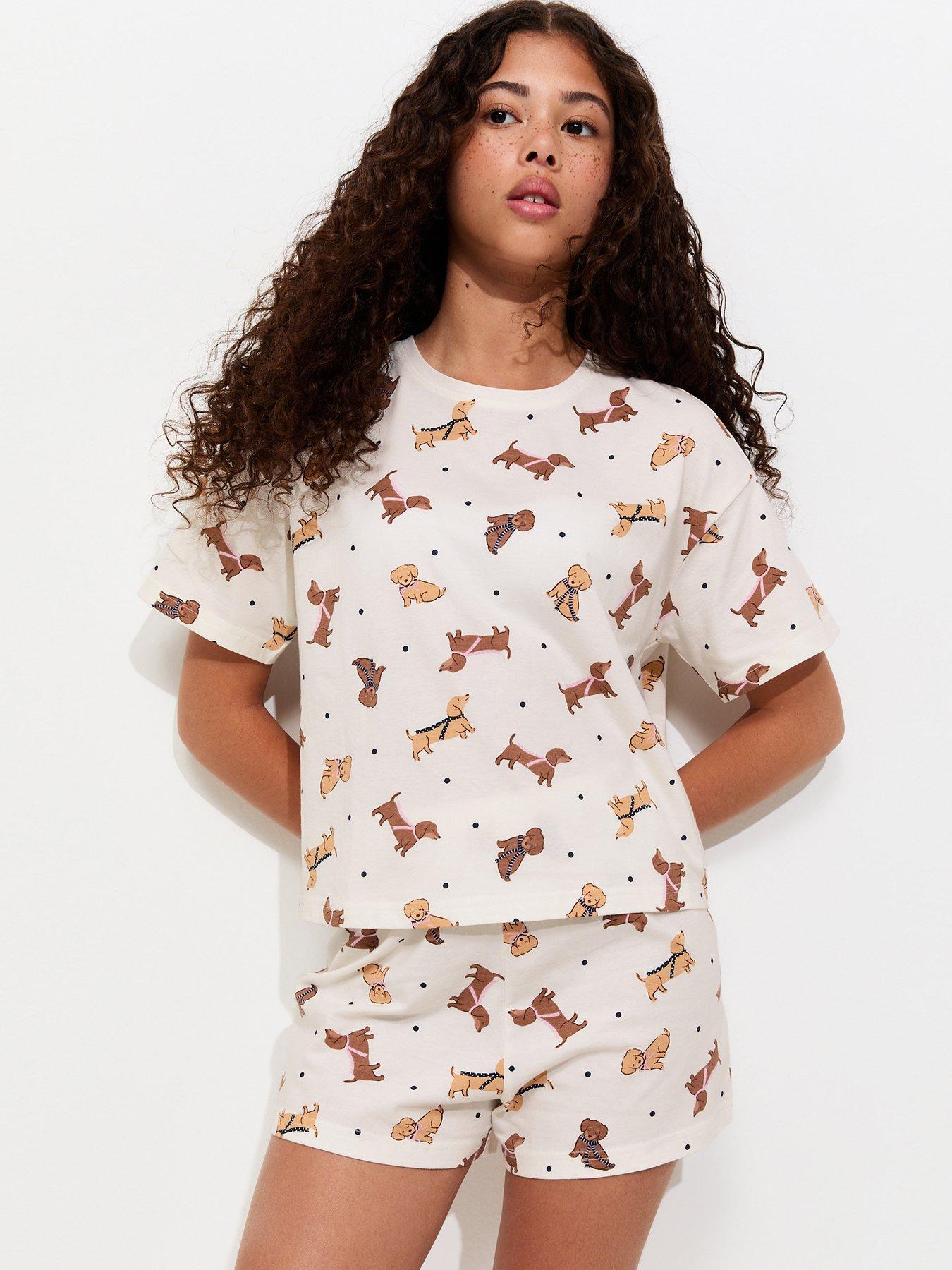 New Look 915 Girls Cream Cotton Sausage Dog Print T-shirt And Shorts Pyjama Set