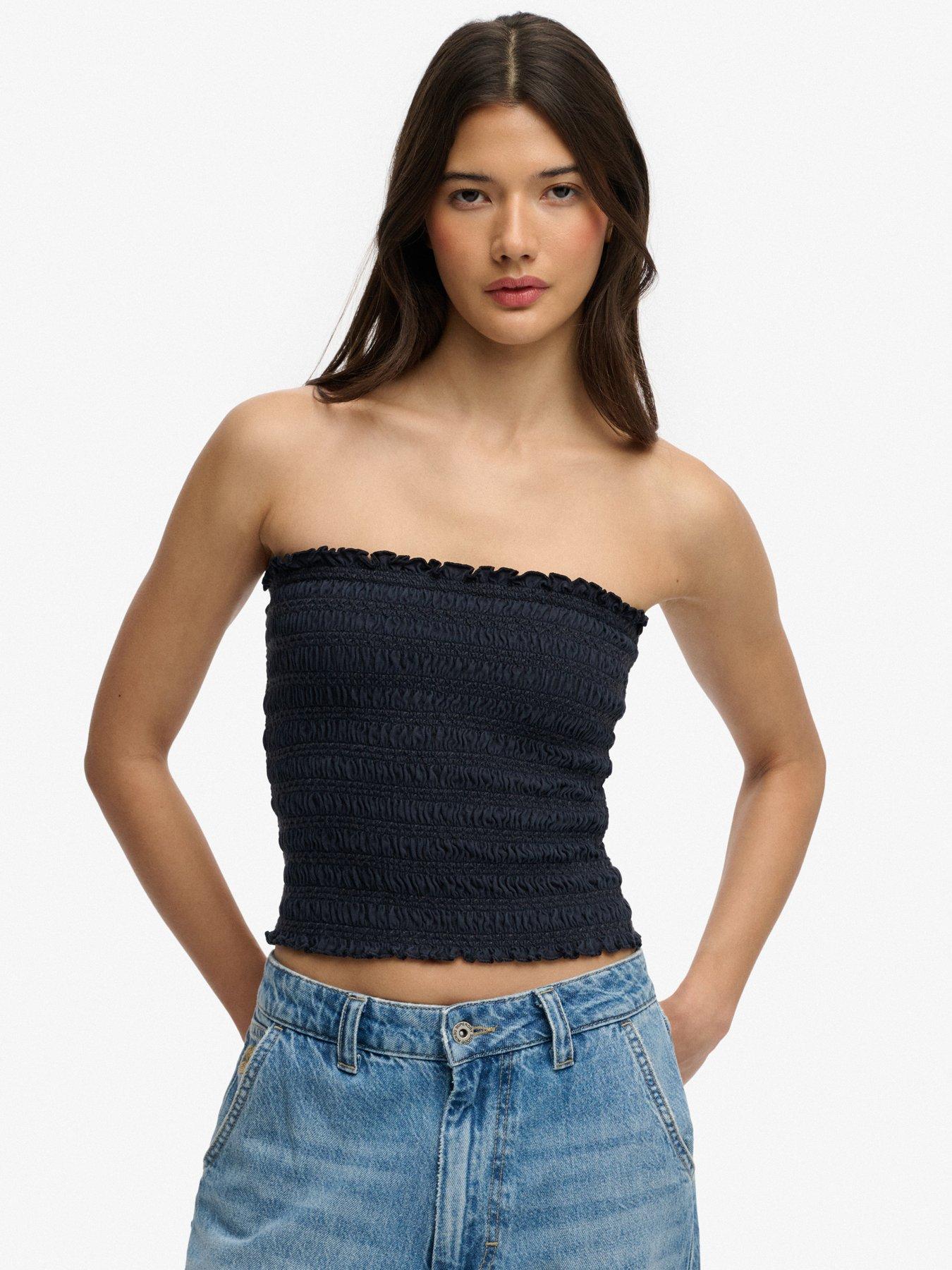 Superdry Smocked Jersey Bandeau Top - Navy