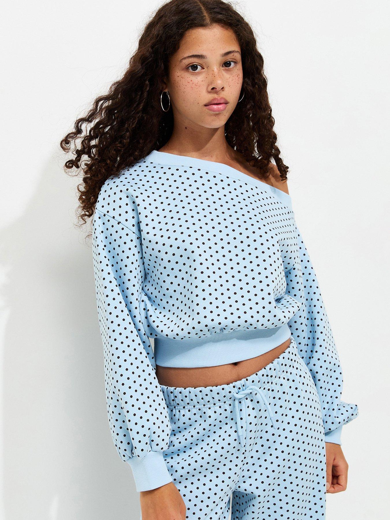 New Look 915 Girls Cotton Rich Polka Dot Print Off Shoulder Sweatshirt - Blue