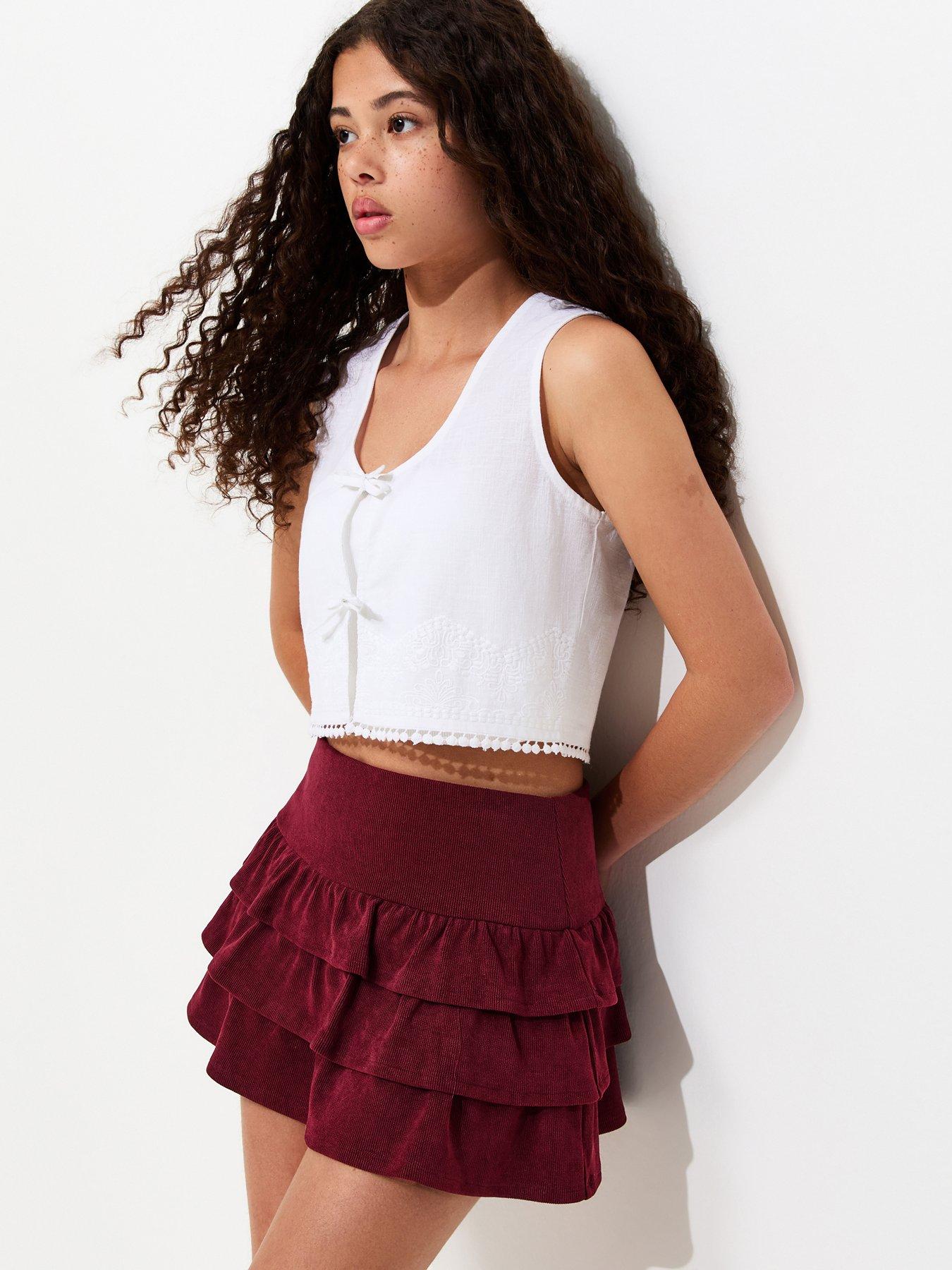 New Look 915 Girls Dark Burgundy Corduroy 3-Tier Rara Skort - Dark Red