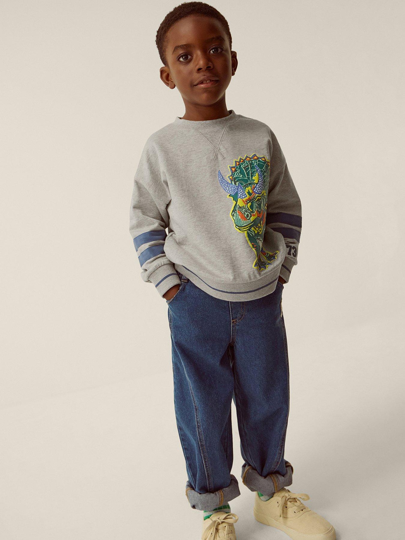 Monsoon Boys' Dinosaur Graphic Sweatshirt with Striped Sleeve Detail - Grey