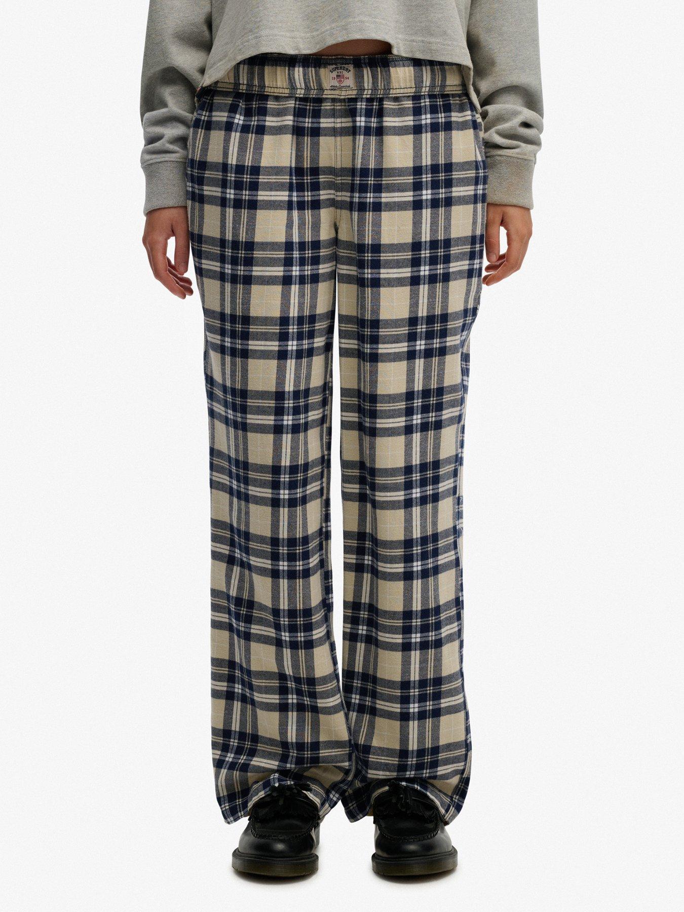 Superdry Cotton Check Elastic Trousers - Cream/Navy Check