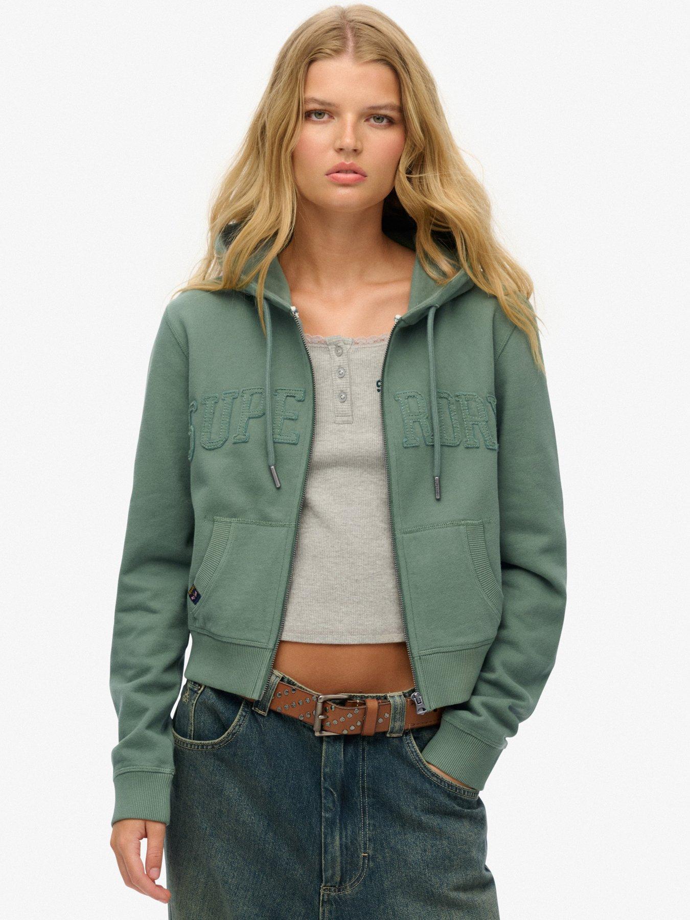 Image 1 of 4 of Superdry Athletic Essentials Tonal Cropped Zip Hoodie - Green