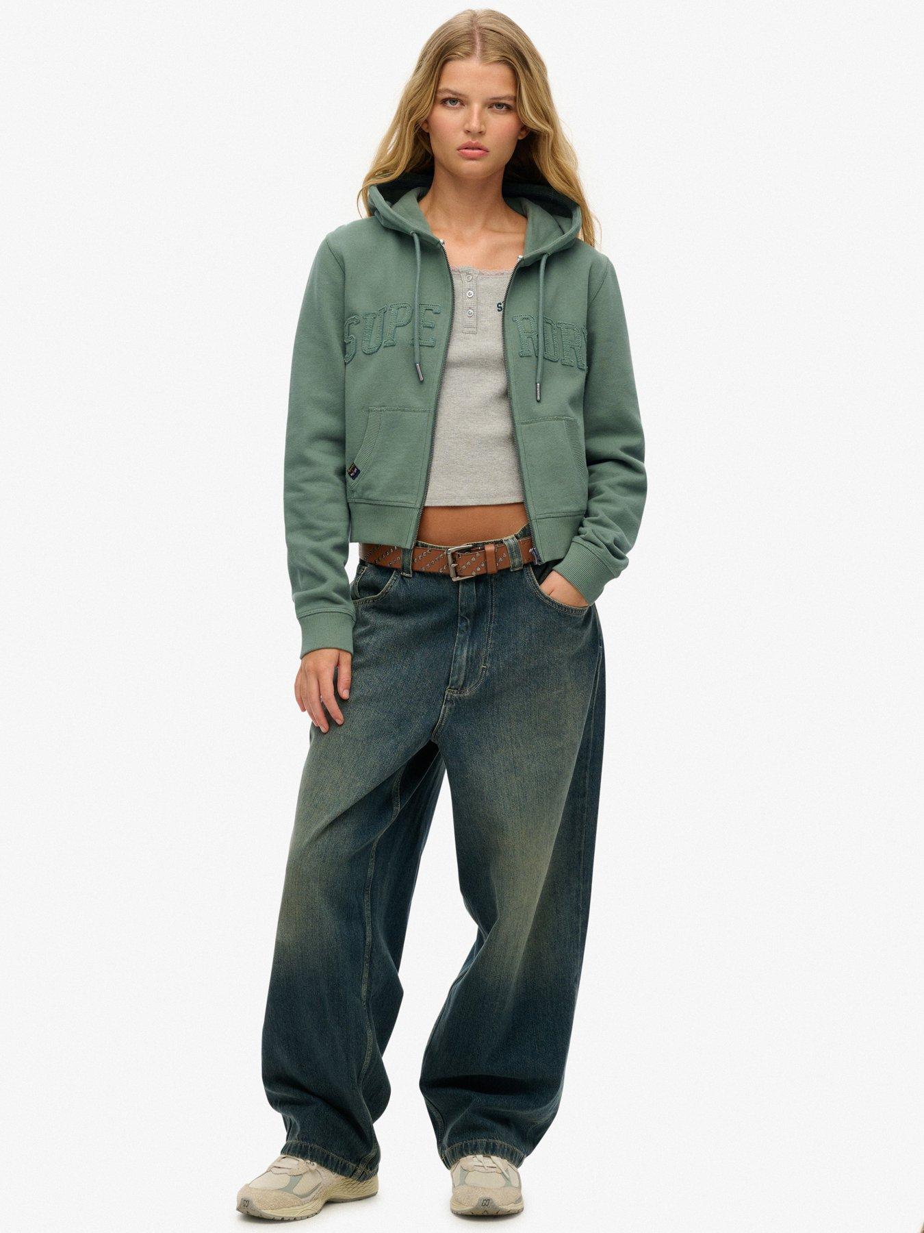 Image 3 of 4 of Superdry Athletic Essentials Tonal Cropped Zip Hoodie - Green