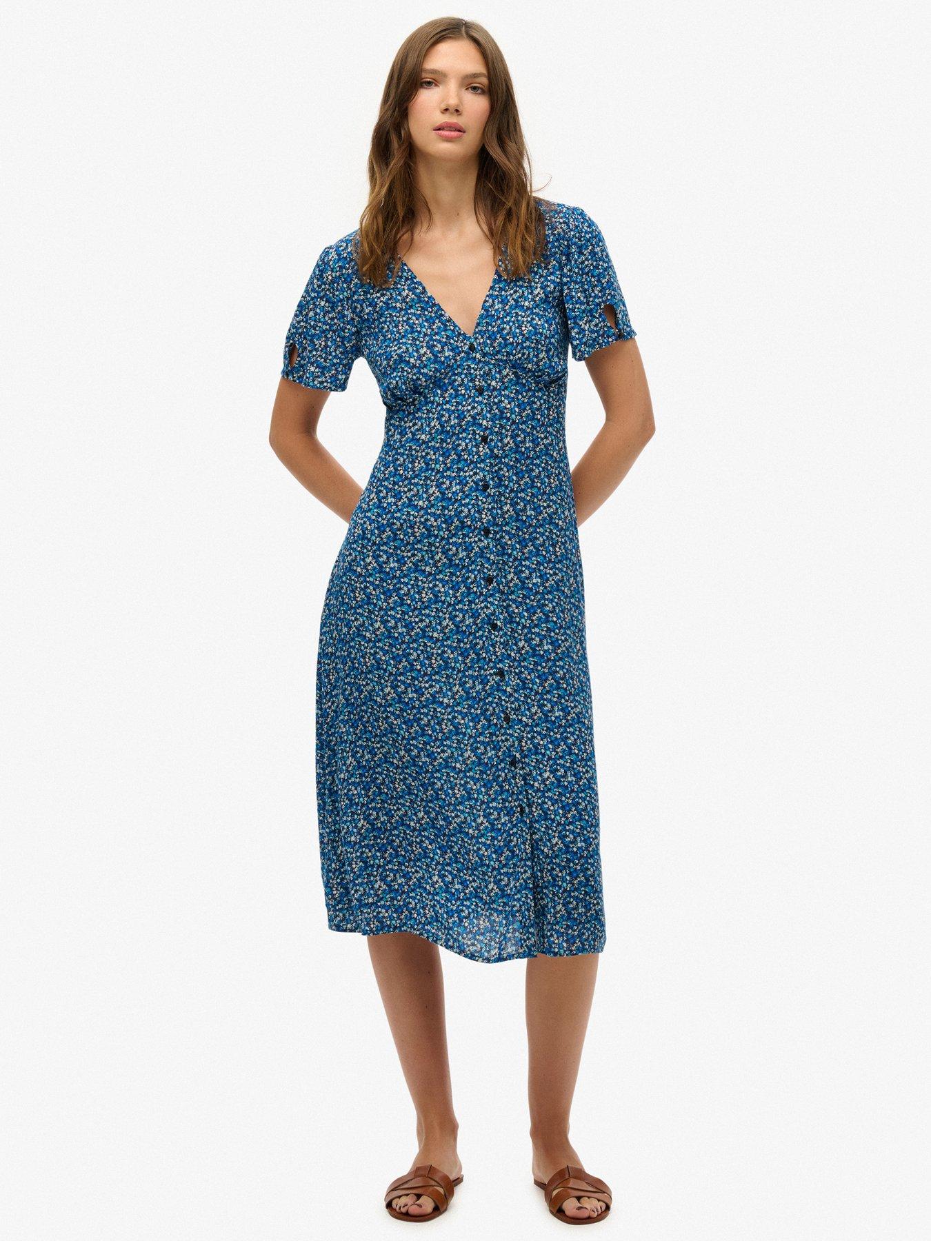 Superdry Printed Button-Up Short Sleeve Midi Tea Dress - Sea Breeze Floral Print