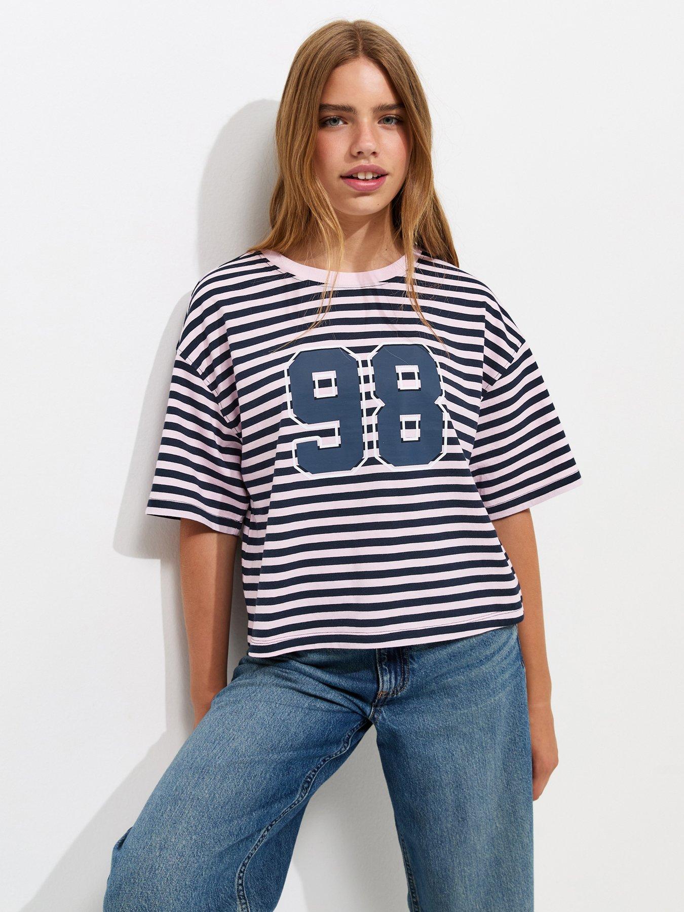 New Look 915 Girls Blue Cotton Rich 98 Stripe Print Boxy Fit T-Shirt - Dark Red