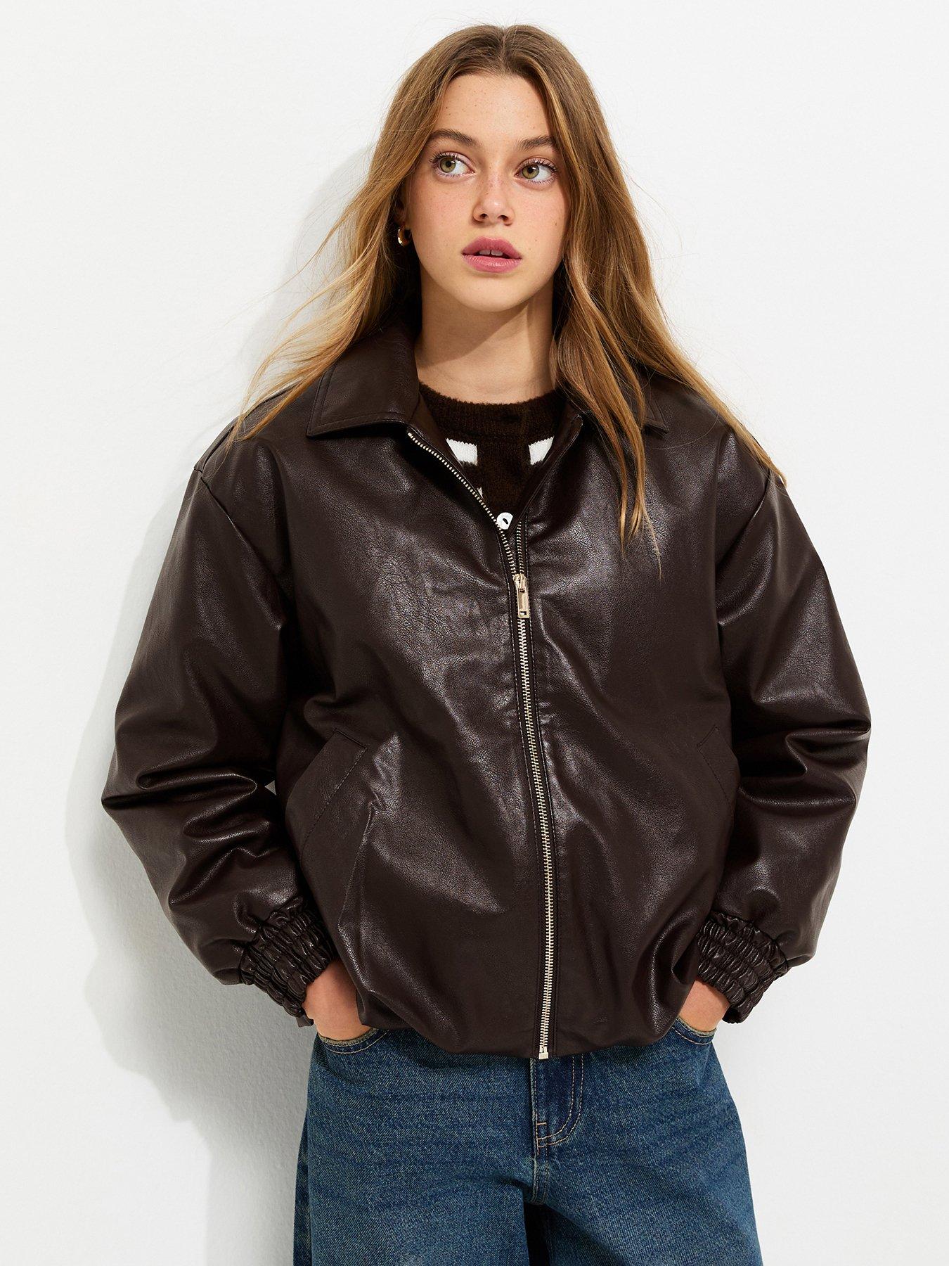 New Look 915 Girls Dark Brown Faux Leather Bubble Hem Bomber Jacket