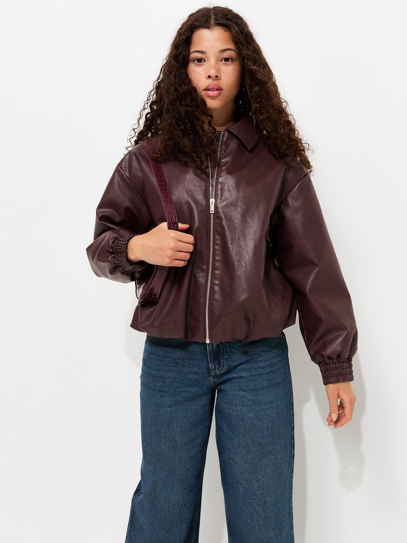 Image 1 of 6 of New Look 915 Girls Dark Burgundy Faux Leather Bubble Hem Jacket