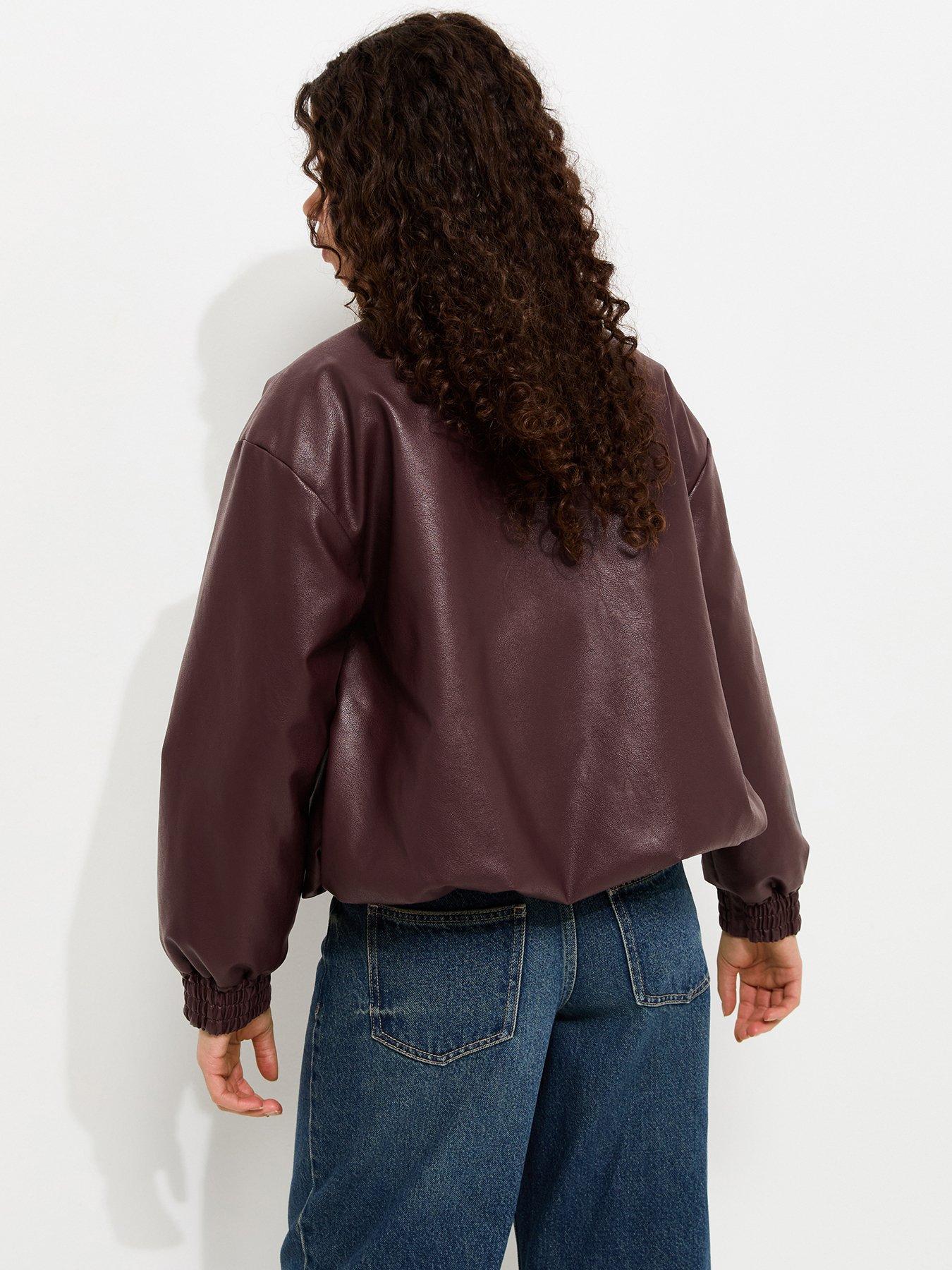 Image 2 of 6 of New Look 915 Girls Dark Burgundy Faux Leather Bubble Hem Jacket