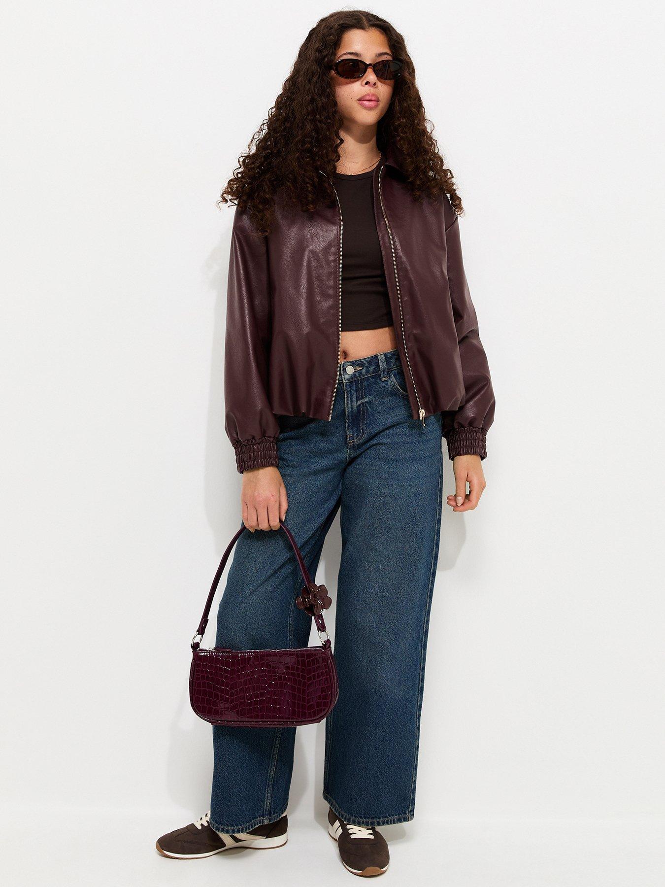 Image 3 of 6 of New Look 915 Girls Dark Burgundy Faux Leather Bubble Hem Jacket