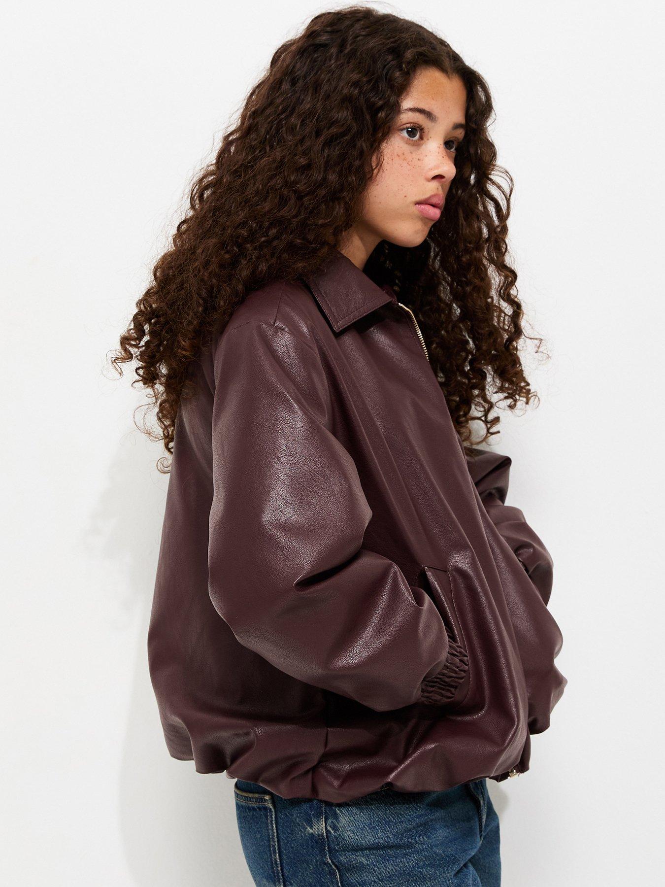 Image 4 of 6 of New Look 915 Girls Dark Burgundy Faux Leather Bubble Hem Jacket