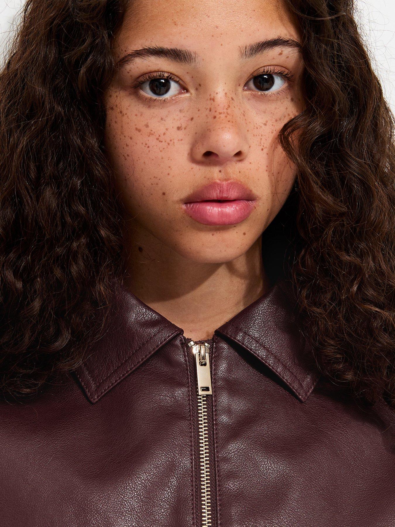 Image 5 of 6 of New Look 915 Girls Dark Burgundy Faux Leather Bubble Hem Jacket