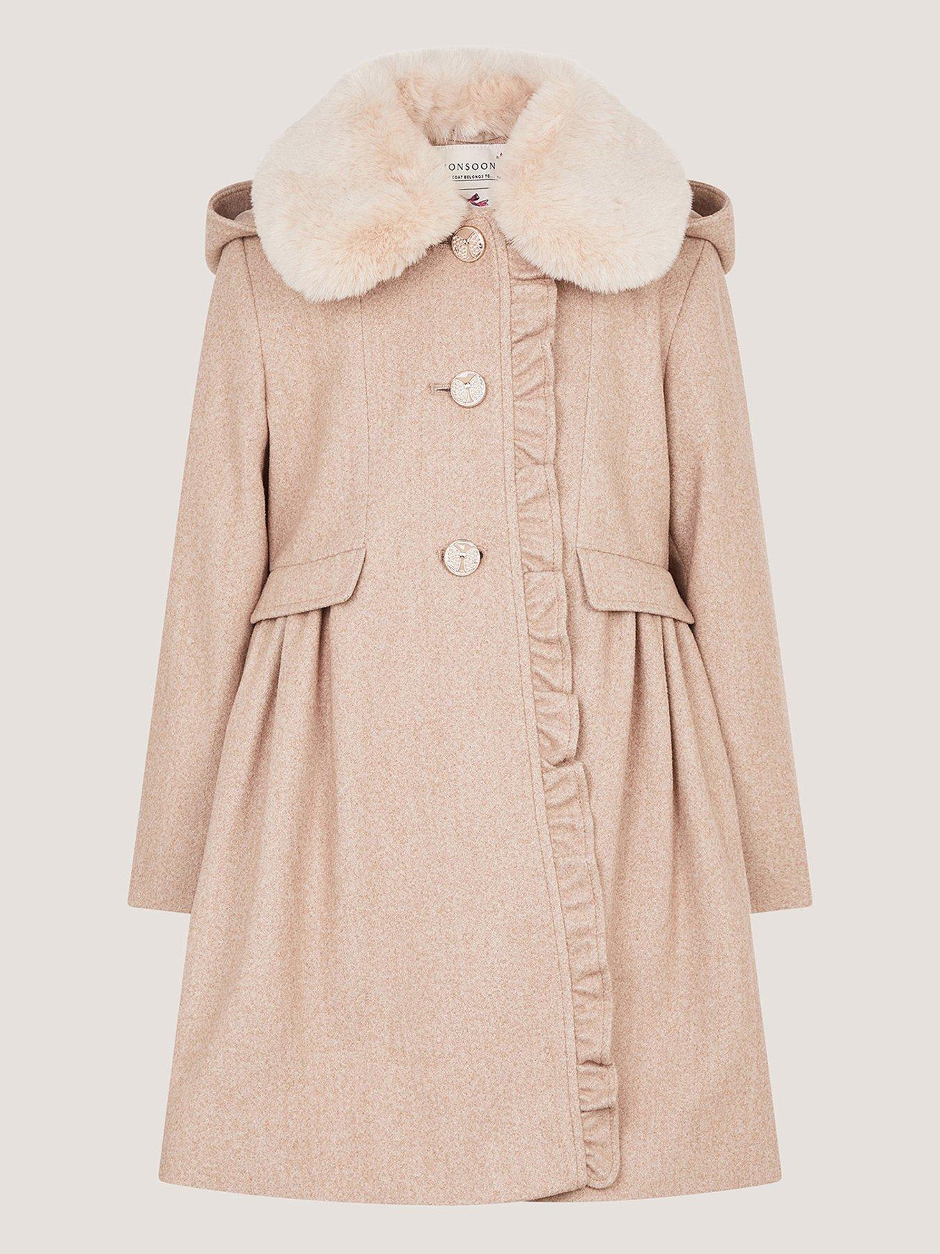 Image 2 of 4 of Monsoon Girls Smart Frill Trim Coat - Oatmeal