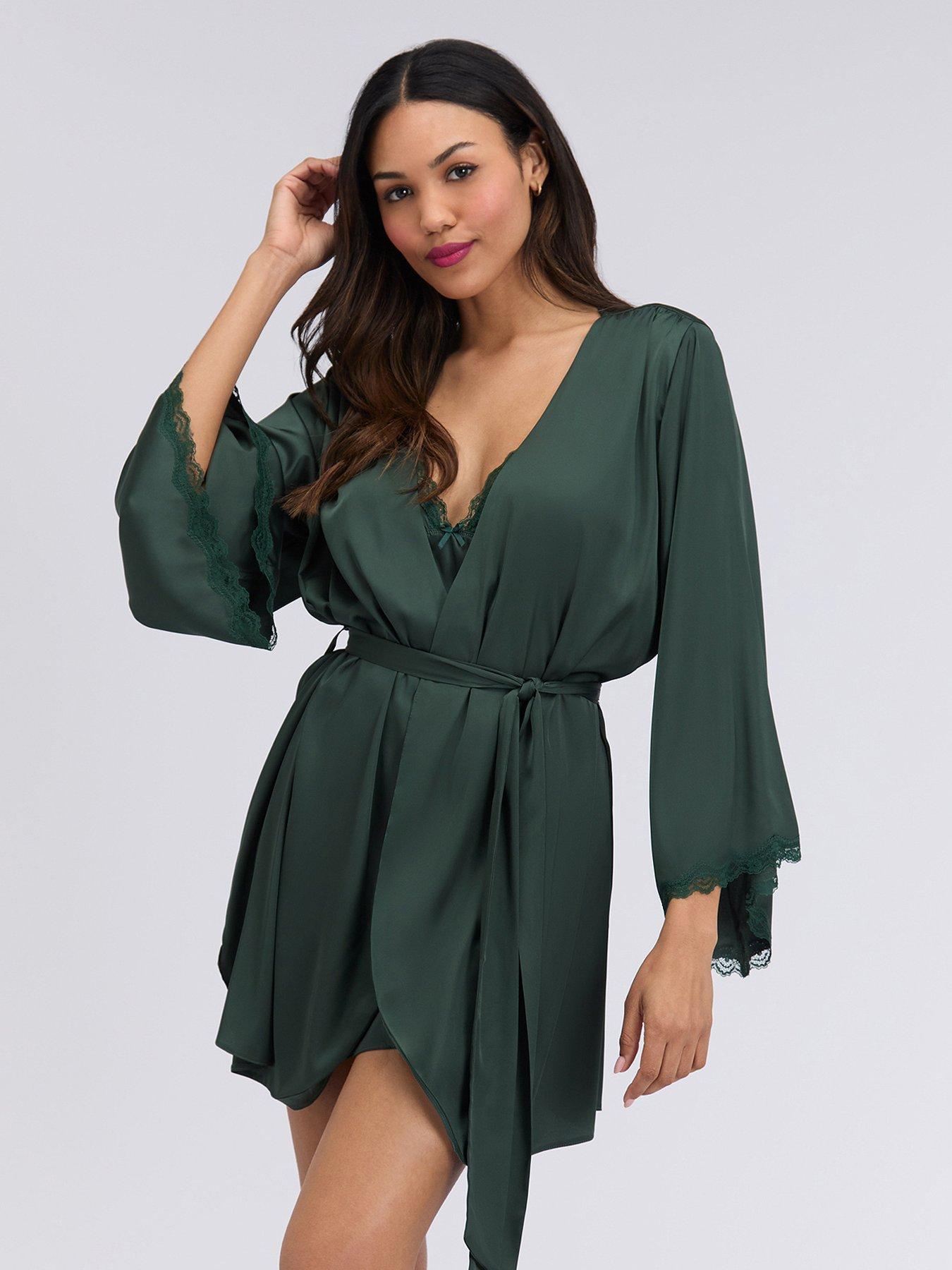 Image 1 of 6 of Boux Avenue Kaya Satin Robe - Deep Green
