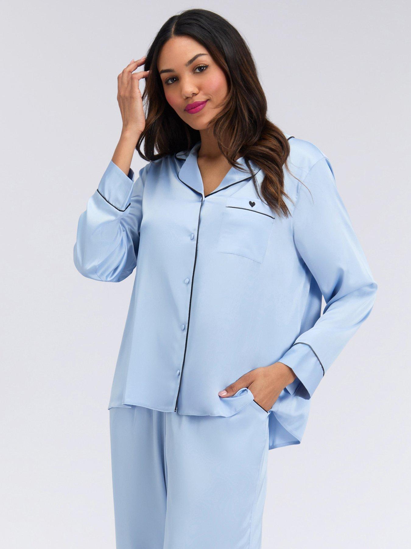 Image 3 of 7 of Boux Avenue Oversized Satin Revere &amp; Pant - Blue Mix