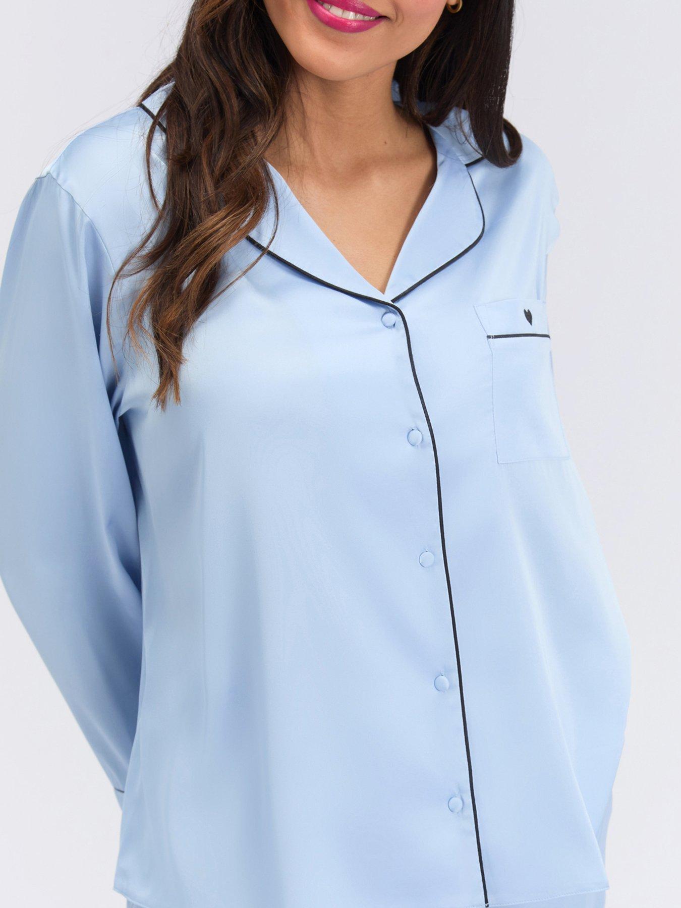 Image 4 of 7 of Boux Avenue Oversized Satin Revere &amp; Pant - Blue Mix