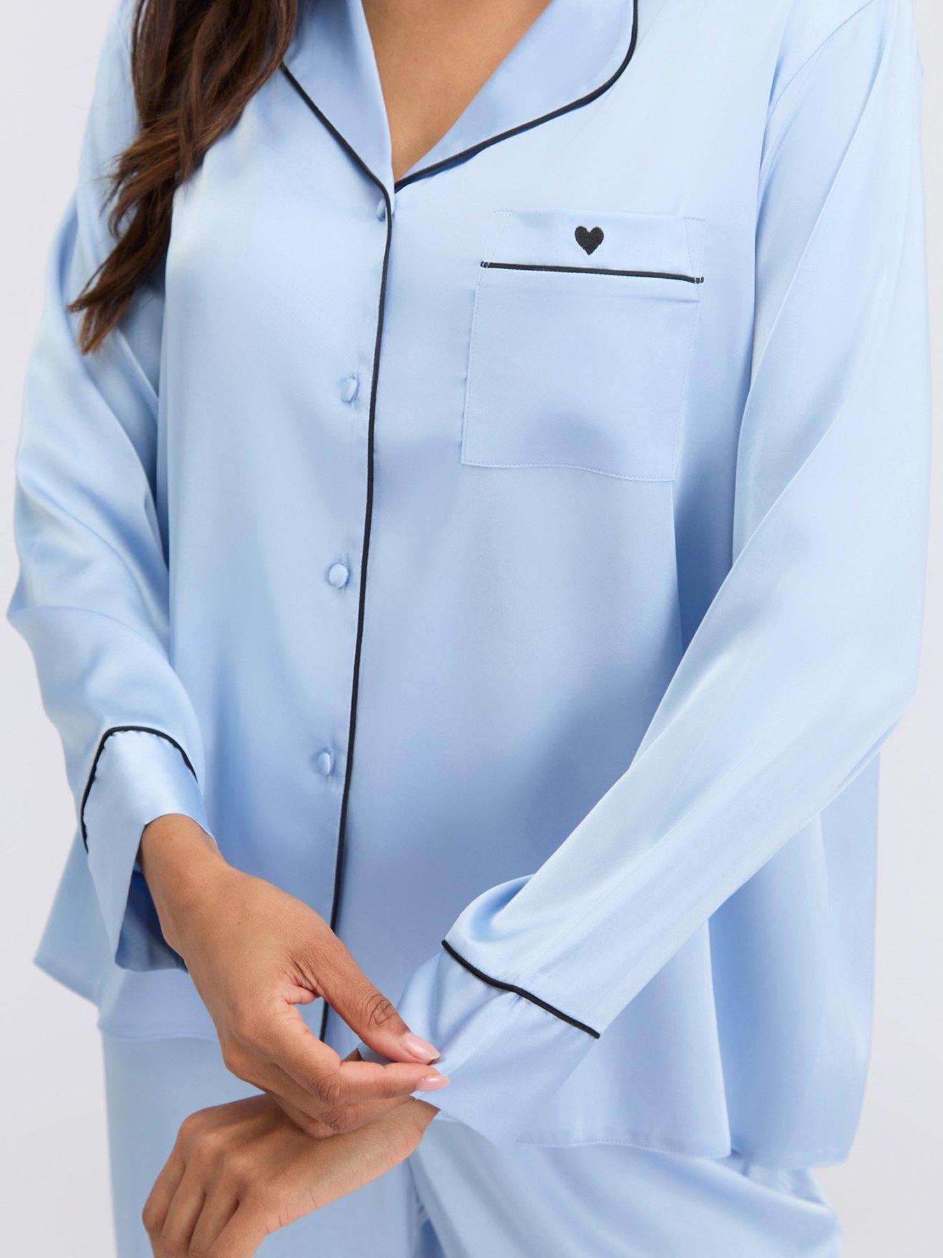 Image 6 of 7 of Boux Avenue Oversized Satin Revere &amp; Pant - Blue Mix