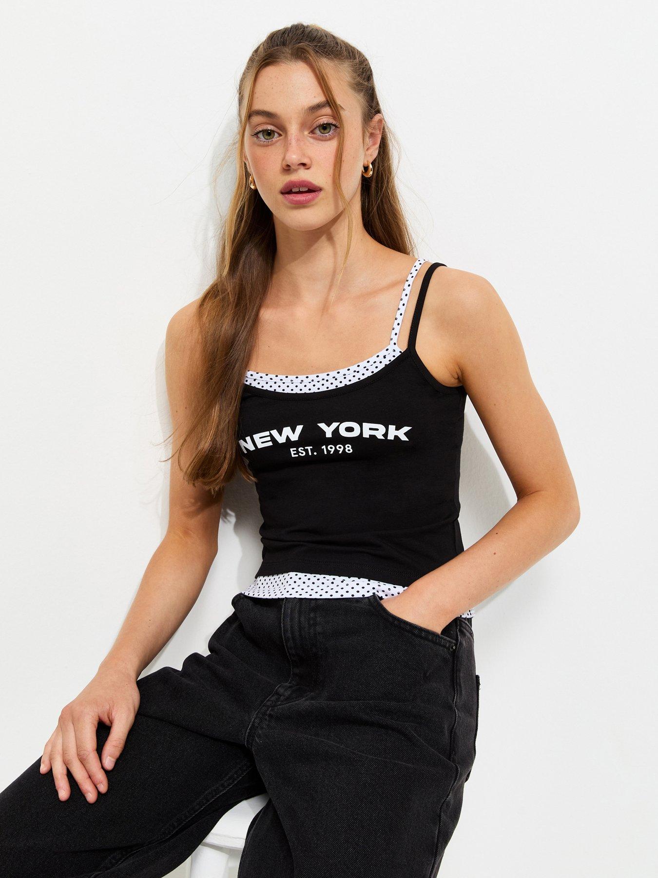 New Look 915 Girls Cotton Rich York Spotty Trim 2 In 1 Cami Vest Top - Black