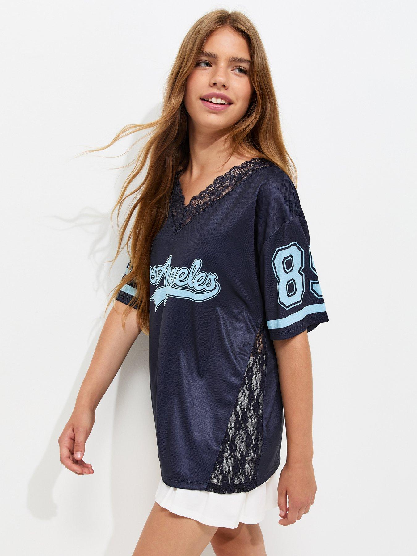 New Look 915 Girls Navy Lace Neck Los Angeles Longline Football Top