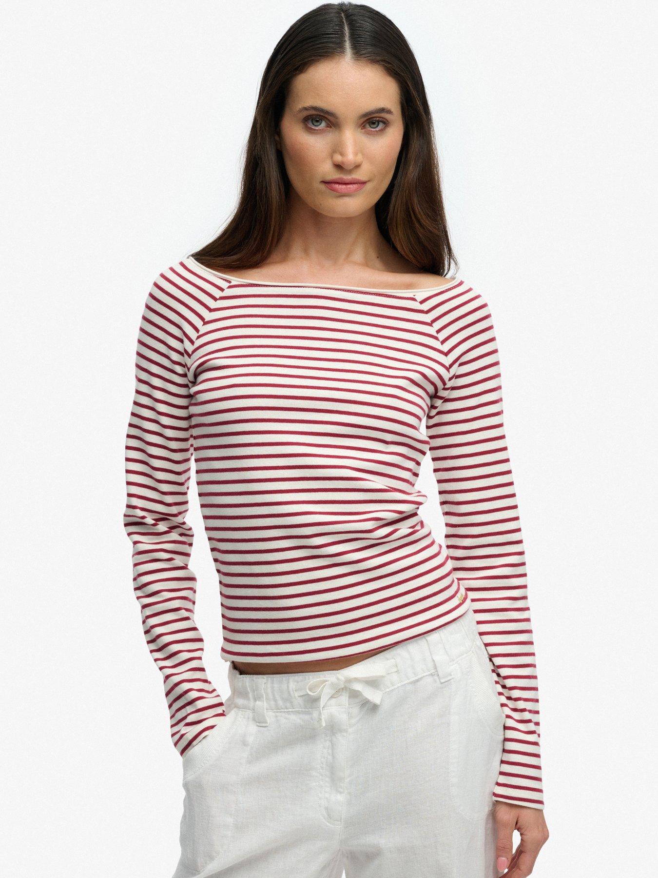 Image 1 of 6 of Superdry Bardot Off Shoulder Top - Bordeaux Red Stripe
